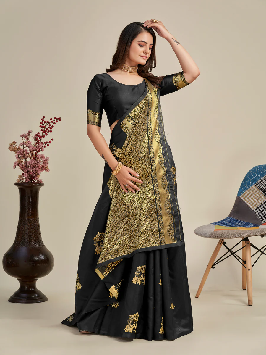 Black Kanjivaram Woven Silk Saree