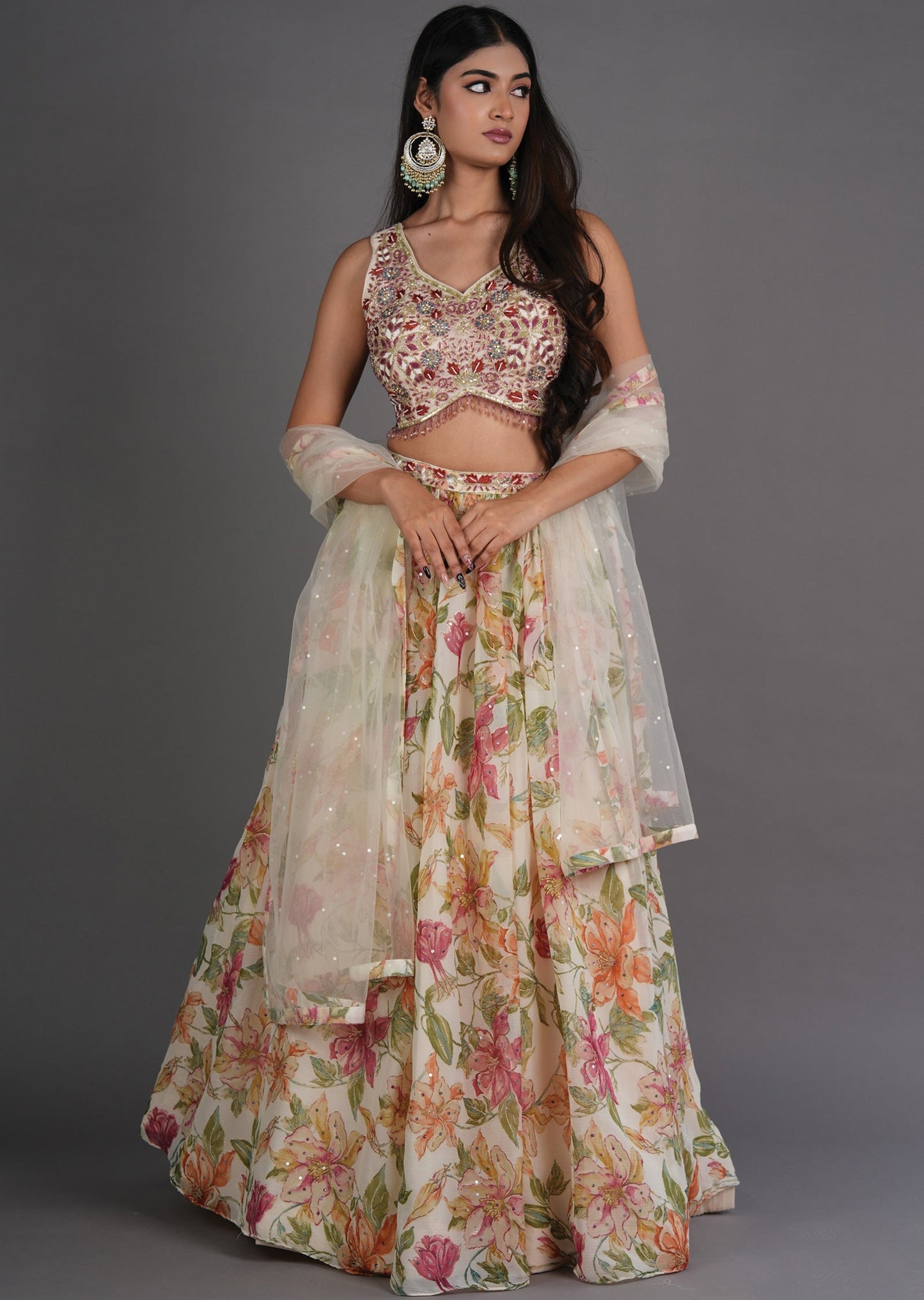 Cream Chinnon Lehenga