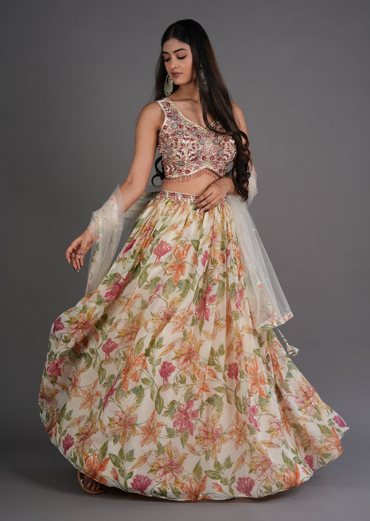 Cream Chinnon Lehenga