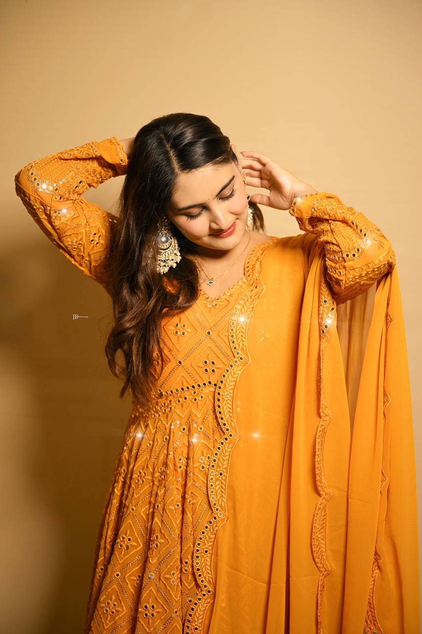 LAKHNAWI EMBROIDERED GEORGETTE ANARKALI FULLY STITCHED SUIT SET MUSTURED 115