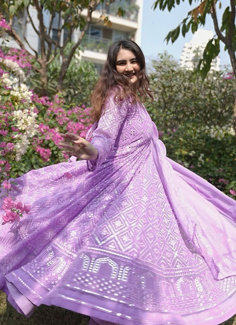 PURPLE LAKHNAWI EMBROIDERED GEORGETTE ANARKALI SUIT SET