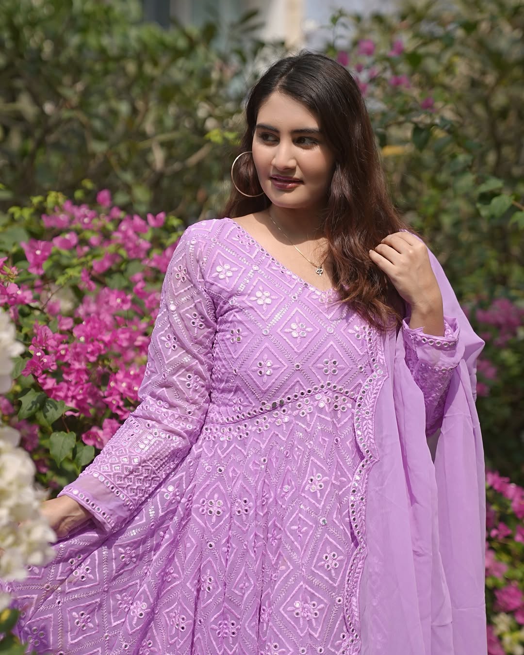 PURPLE LAKHNAWI EMBROIDERED GEORGETTE ANARKALI SUIT SET