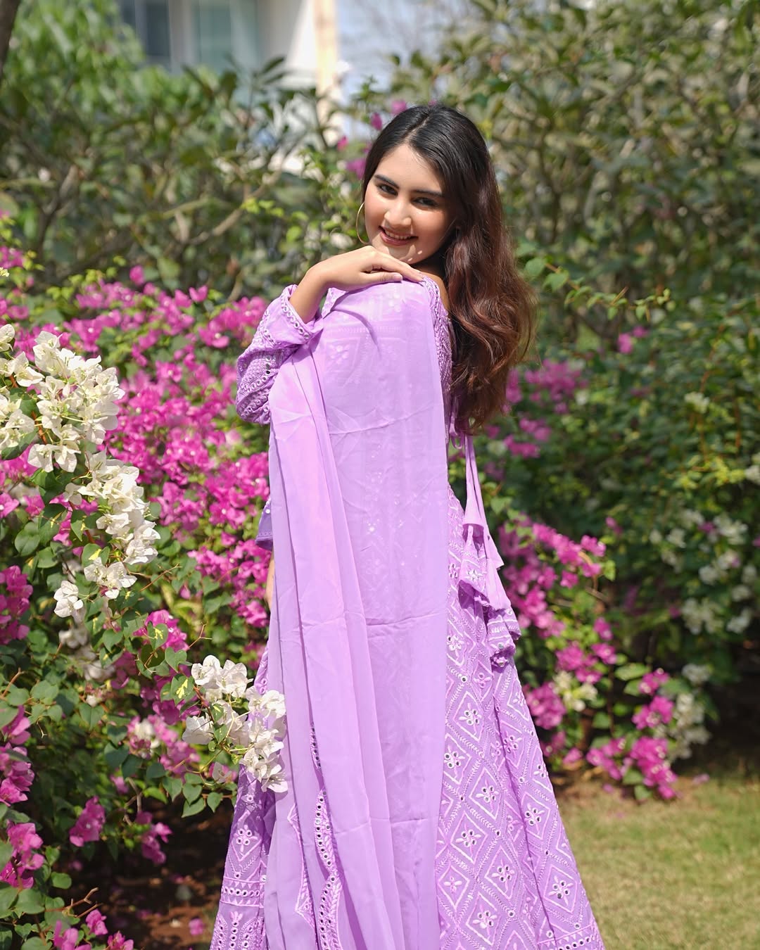PURPLE LAKHNAWI EMBROIDERED GEORGETTE ANARKALI SUIT SET