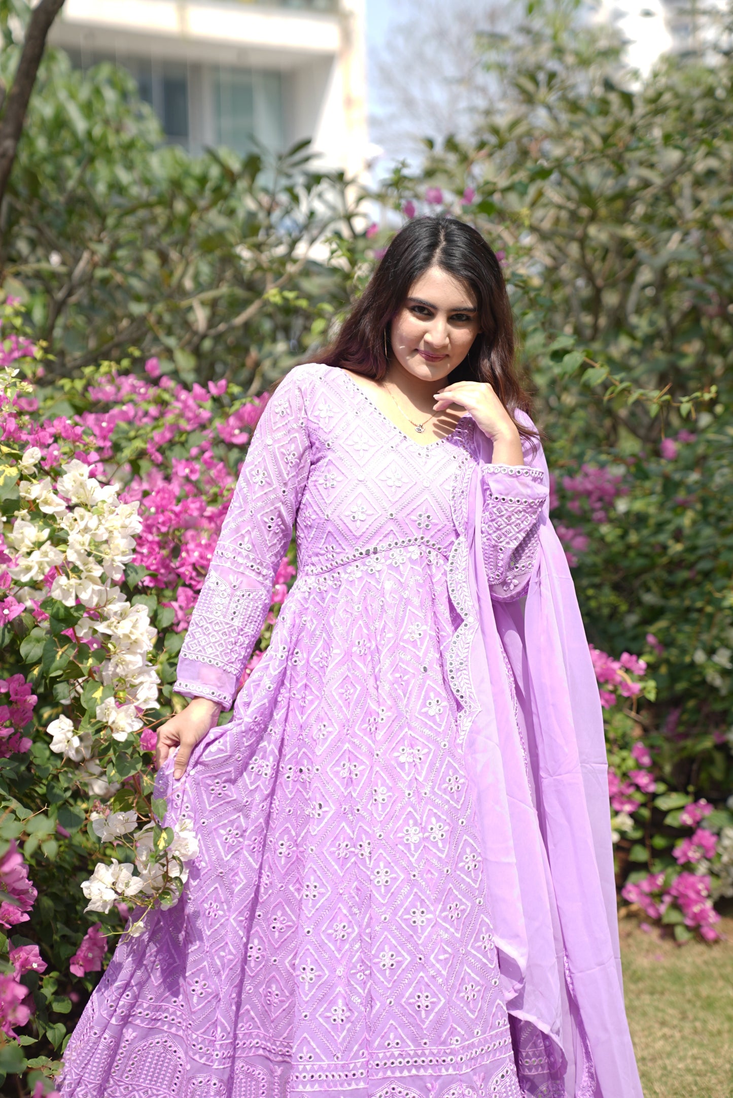 PURPLE LAKHNAWI EMBROIDERED GEORGETTE ANARKALI SUIT SET