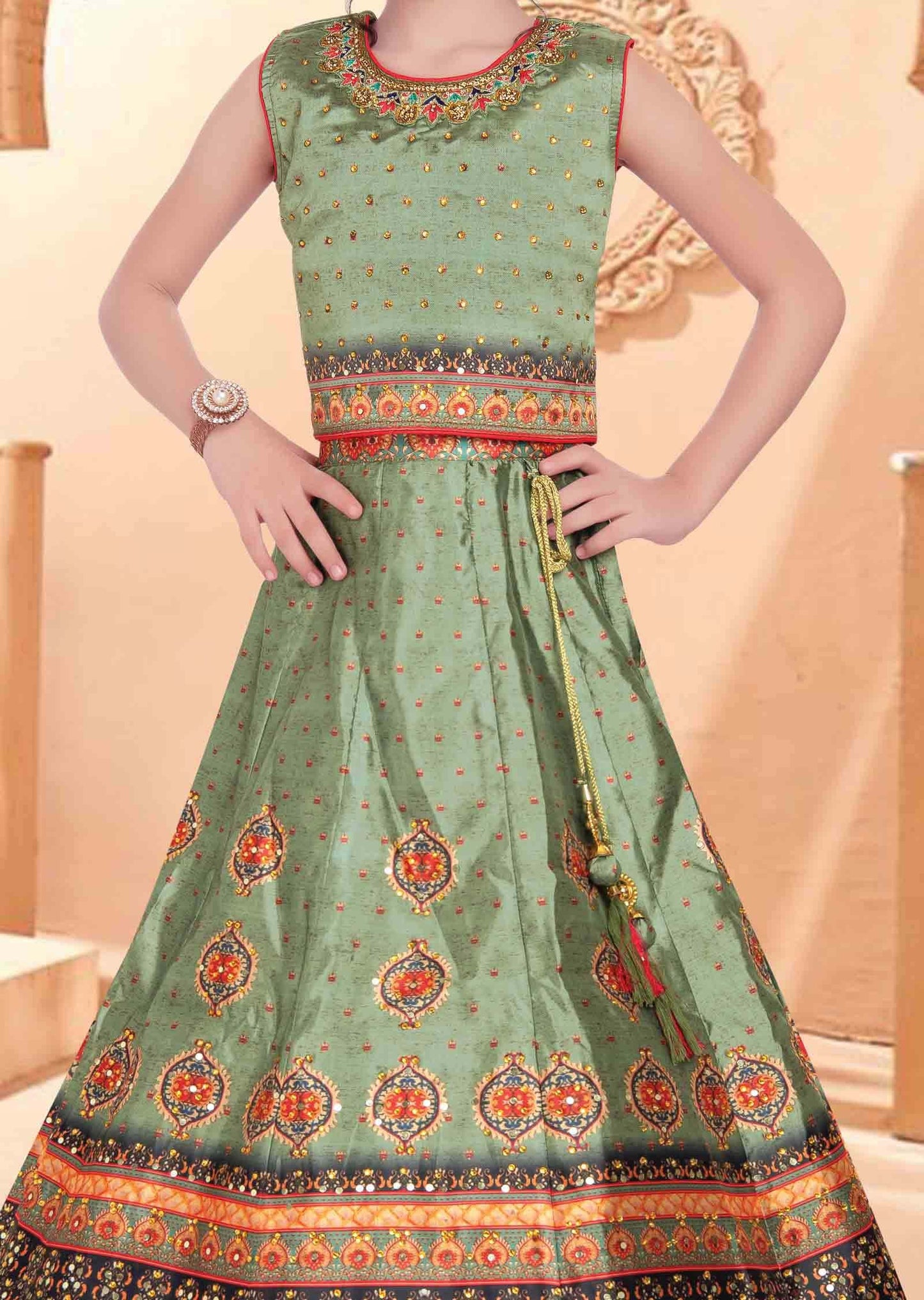 Dusty Green Silk Printed Kids Lehenga