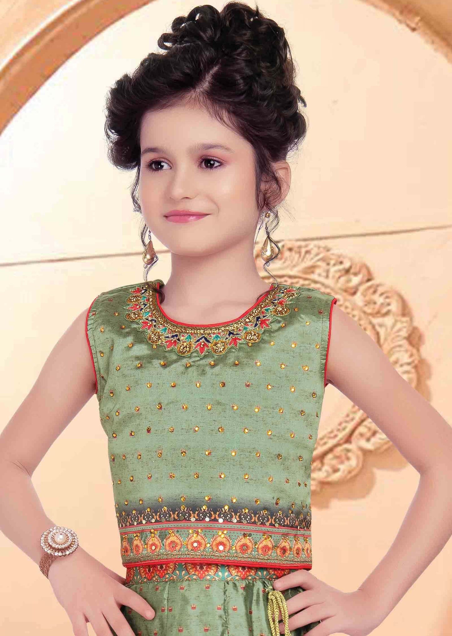 Dusty Green Silk Printed Kids Lehenga