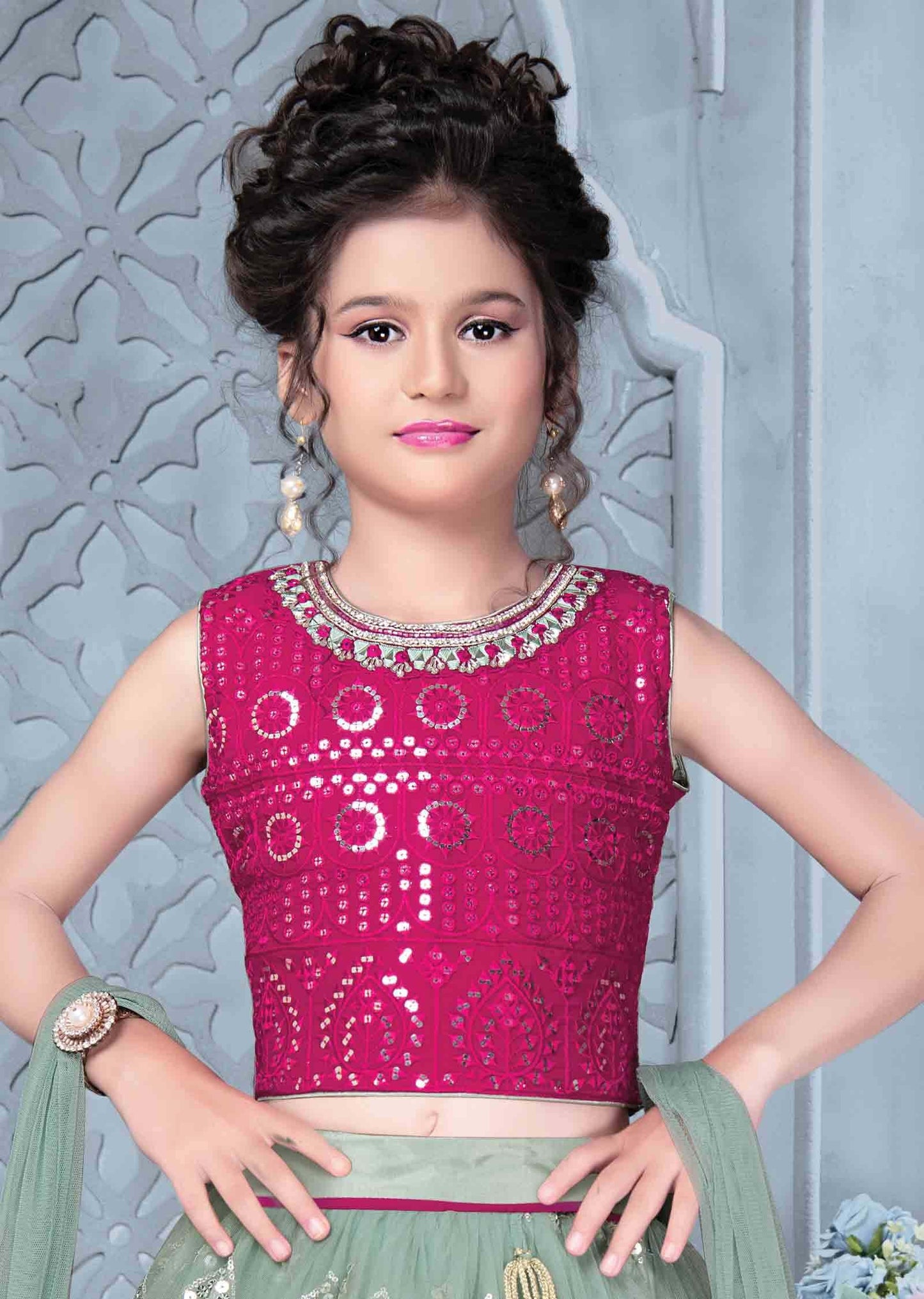 Rani Pink Georgette Zardosi & Embroidered Kids Lehenga