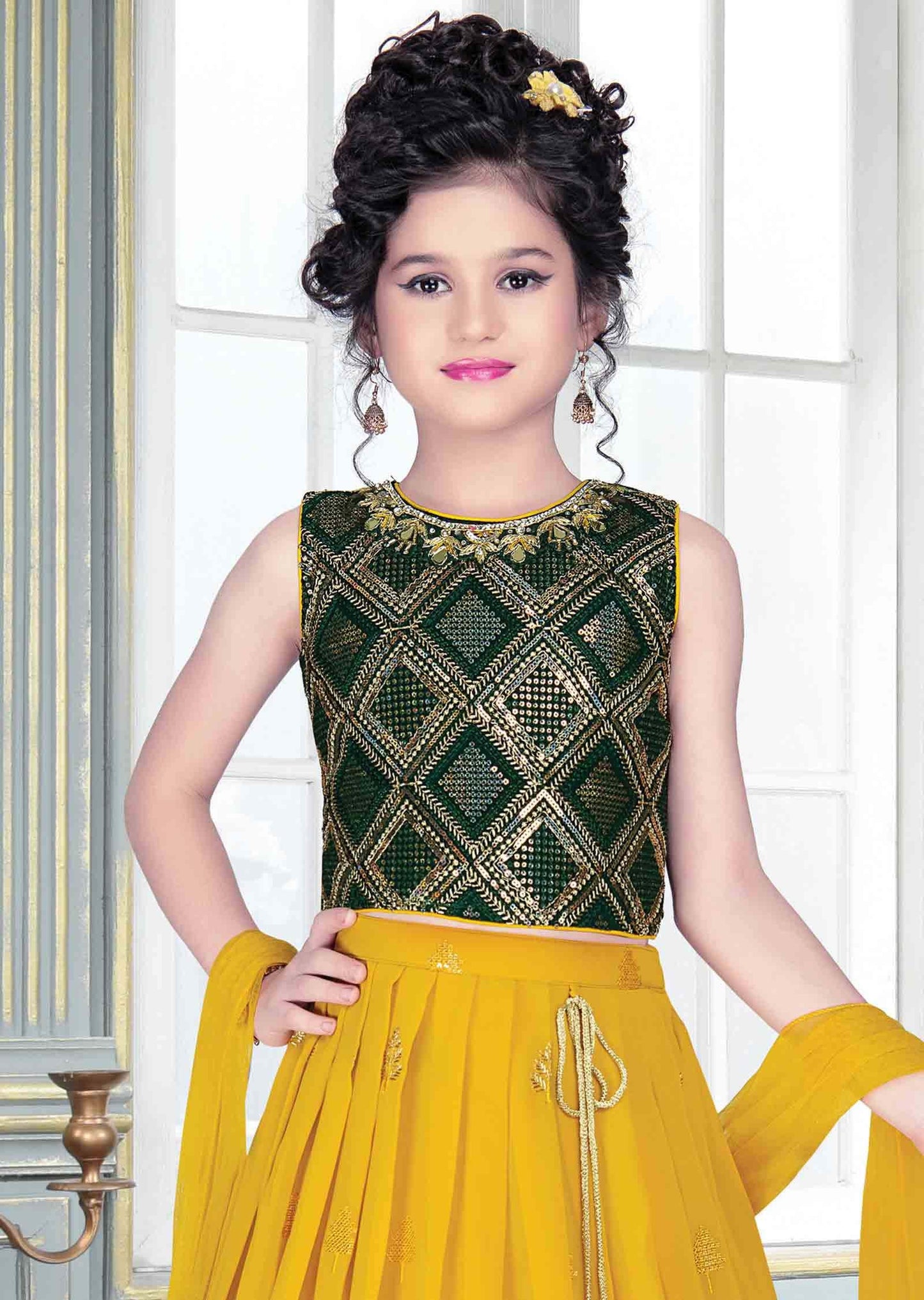 Bottle Green Georgette Zardosi & Embroidered Kids Lehenga