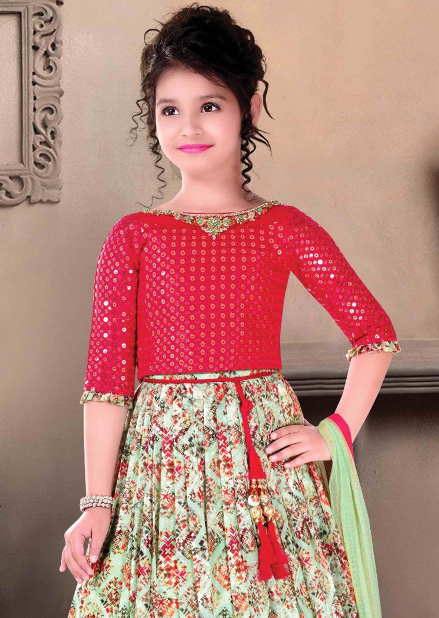 Rani Pink Georgette Embroidered Kids lehenga