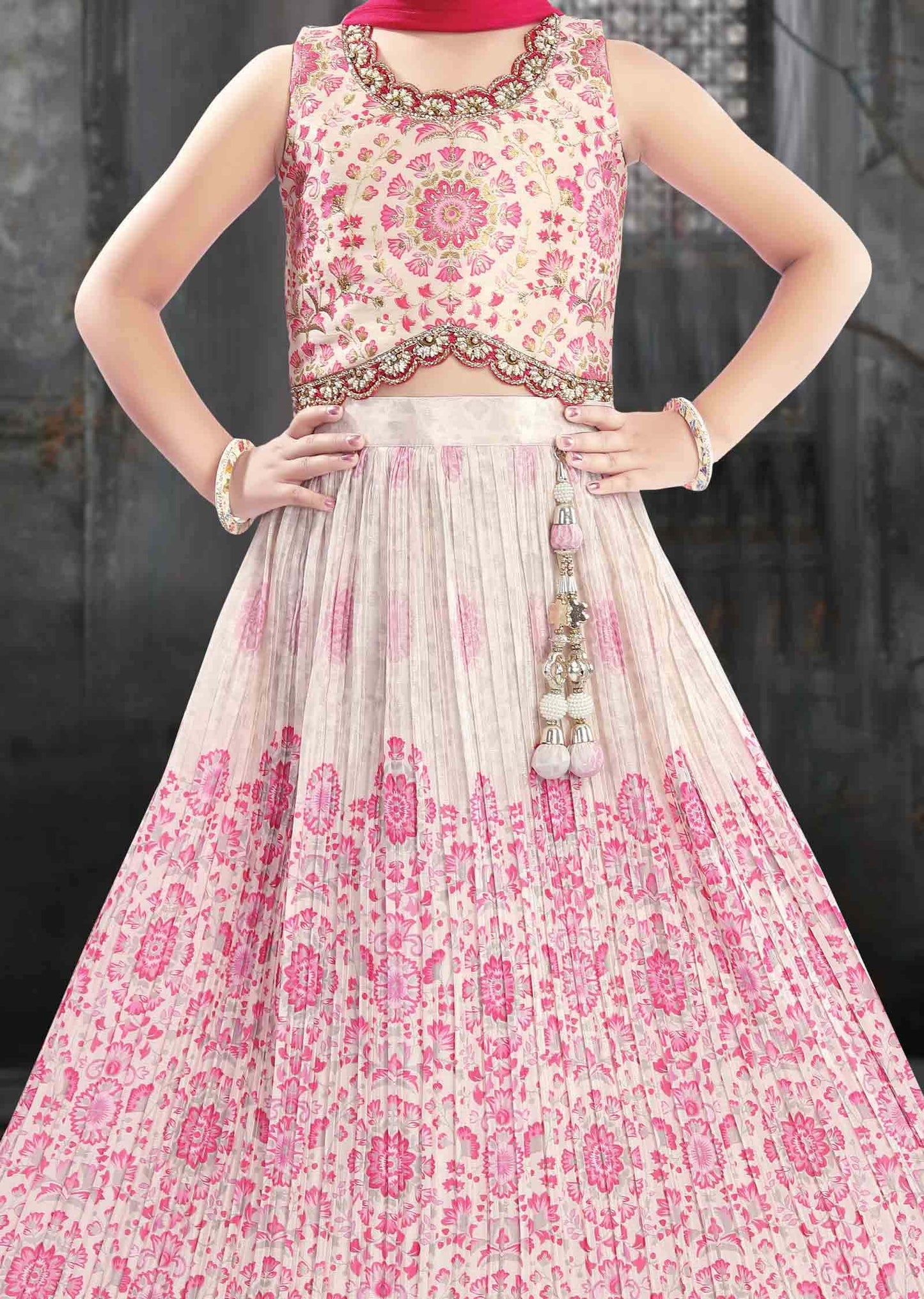 Cream/Pink Silk/Muslin Zardosi & Embroidered Kids Lehenga