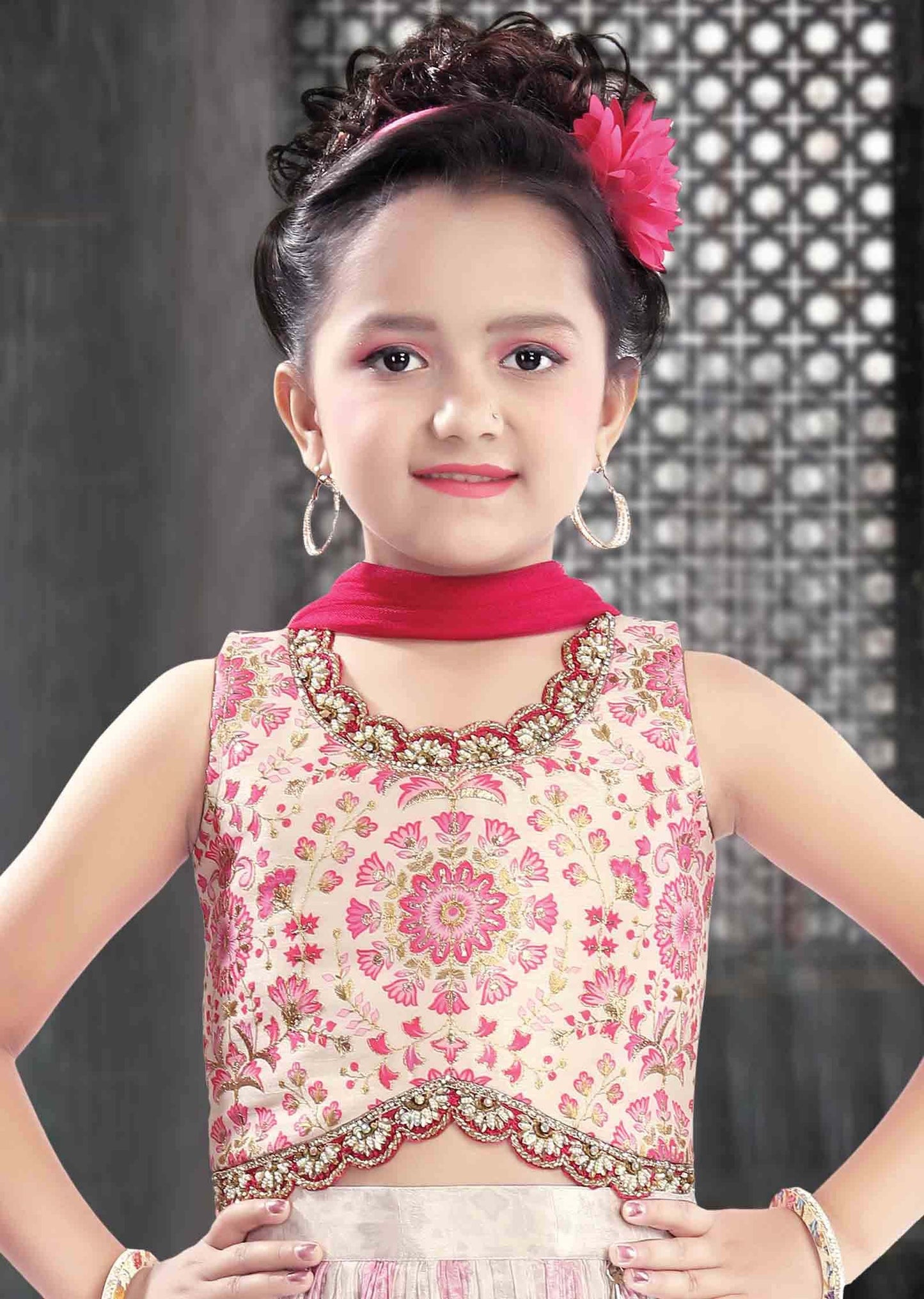 Cream/Pink Silk/Muslin Zardosi & Embroidered Kids Lehenga