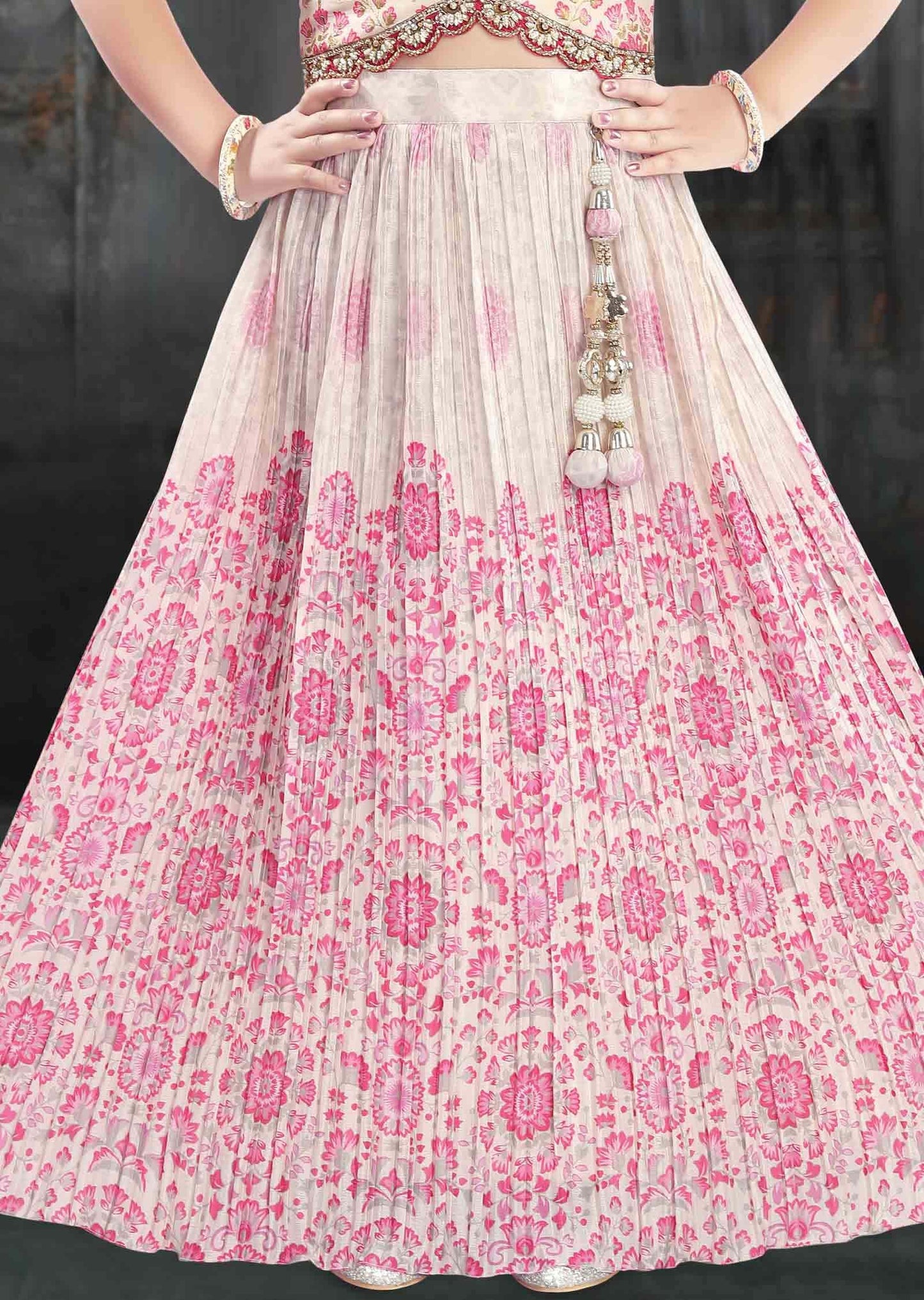 Cream/Pink Silk/Muslin Zardosi & Embroidered Kids Lehenga