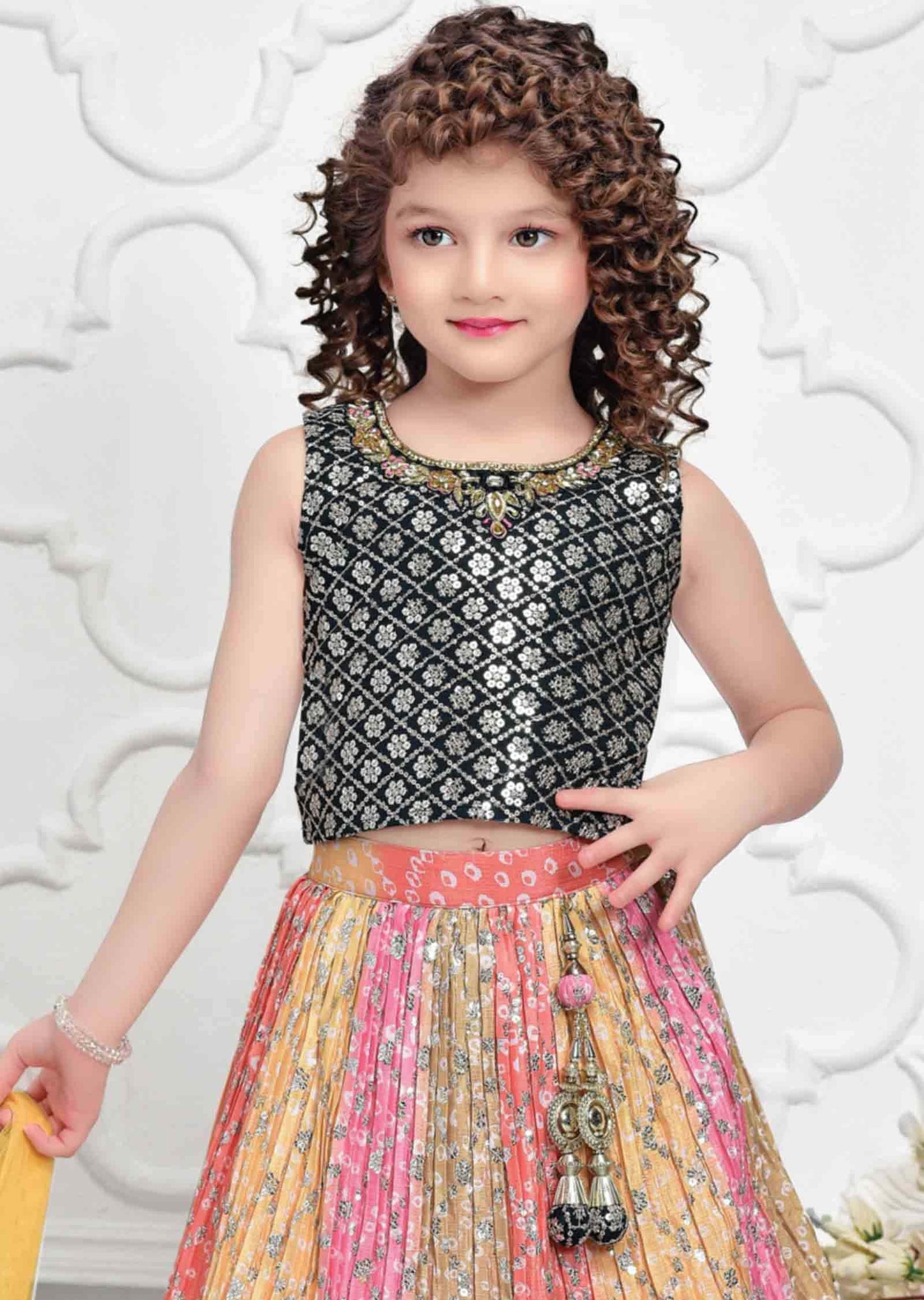 Dark Green/Mullti Chinnon Zardosi & Embroidered Kids lehenga
