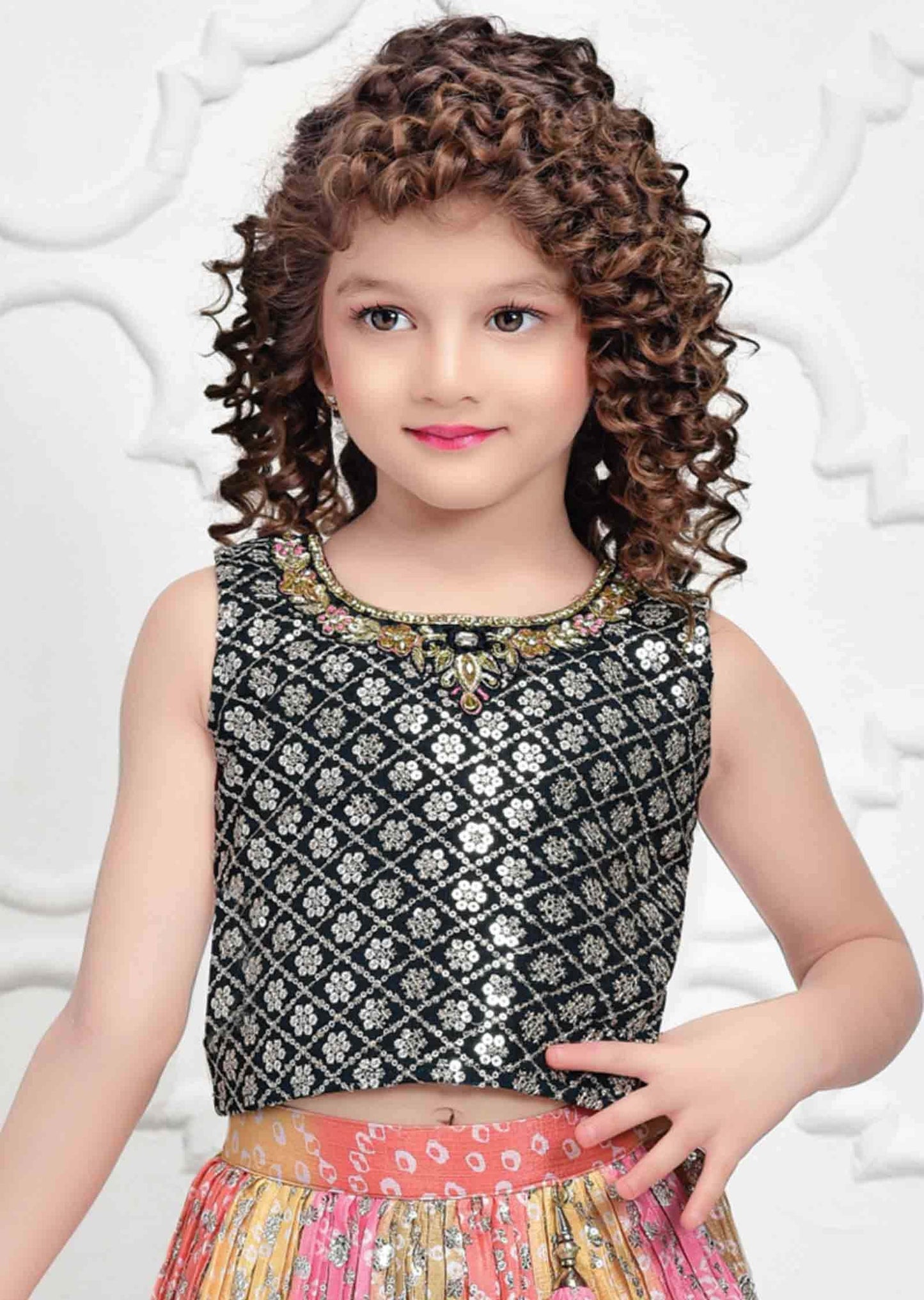 Dark Green/Mullti Chinnon Zardosi & Embroidered Kids lehenga