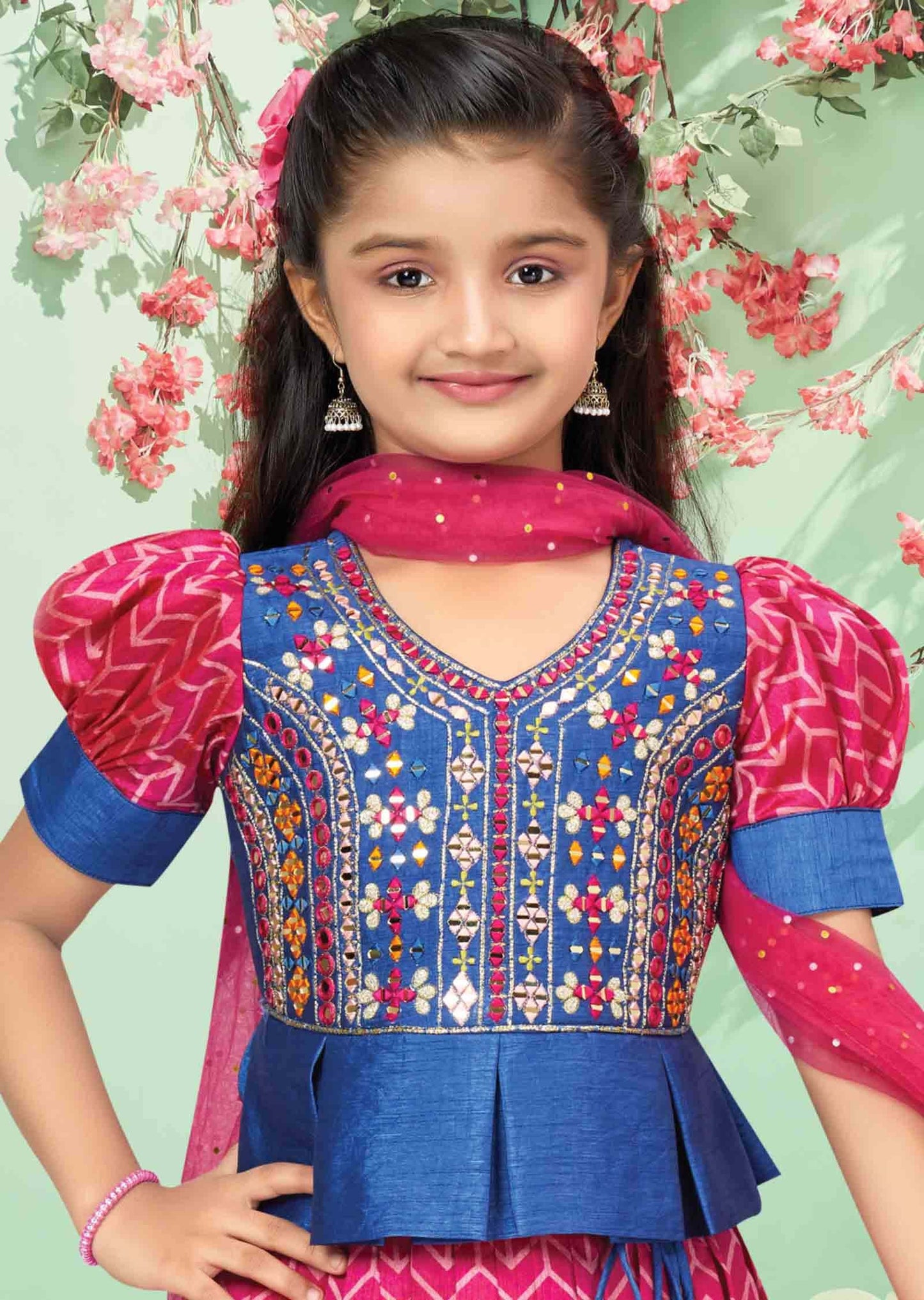 Blue / Rani Pink Silk Printed Kids lehenga