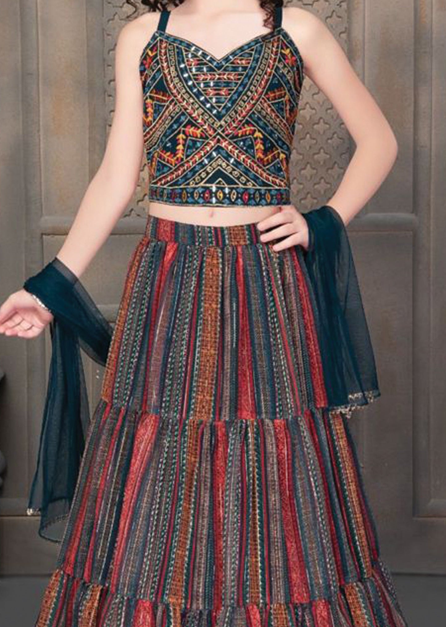 Green & Multi Georgette/Chiffon/Net Kids lehenga