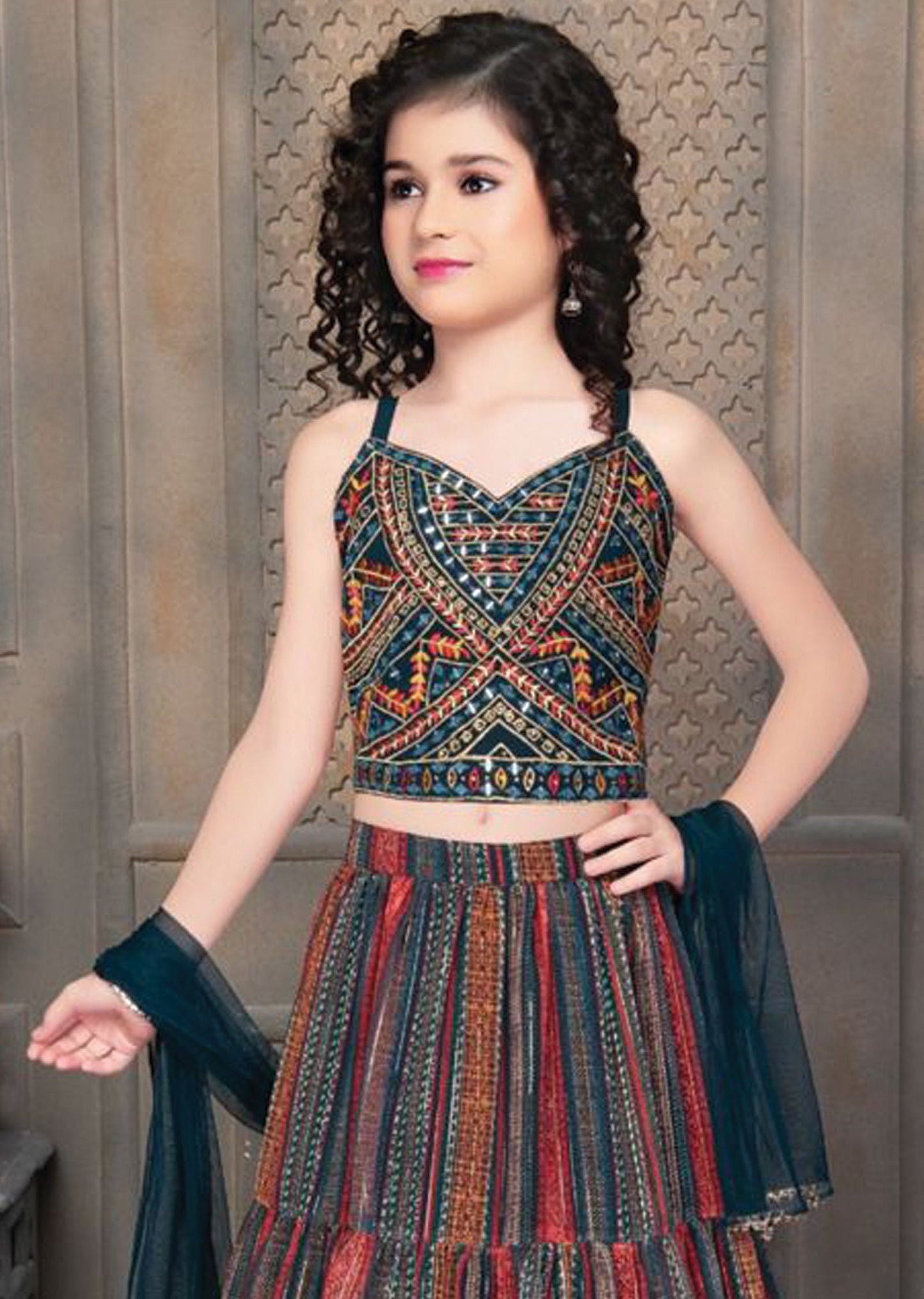 Green & Multi Georgette/Chiffon/Net Kids lehenga