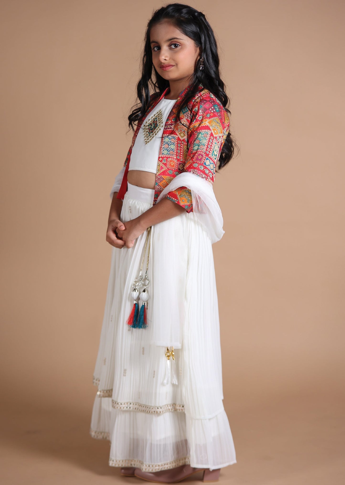 Off White & Multi Georgette Kids lehenga