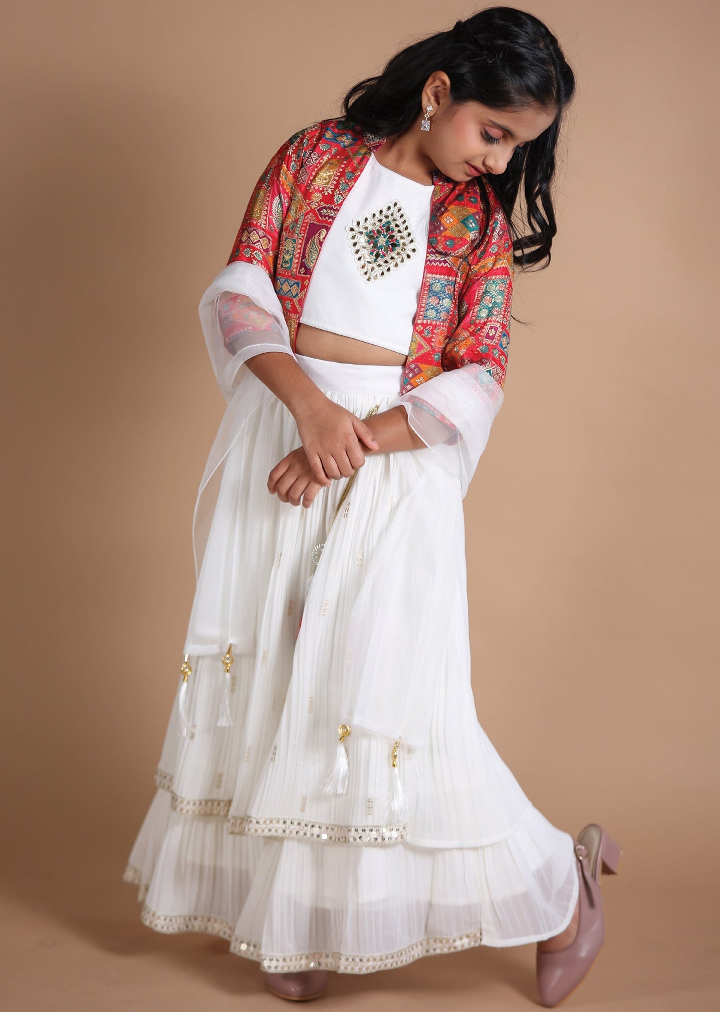 Off White & Multi Georgette Kids lehenga