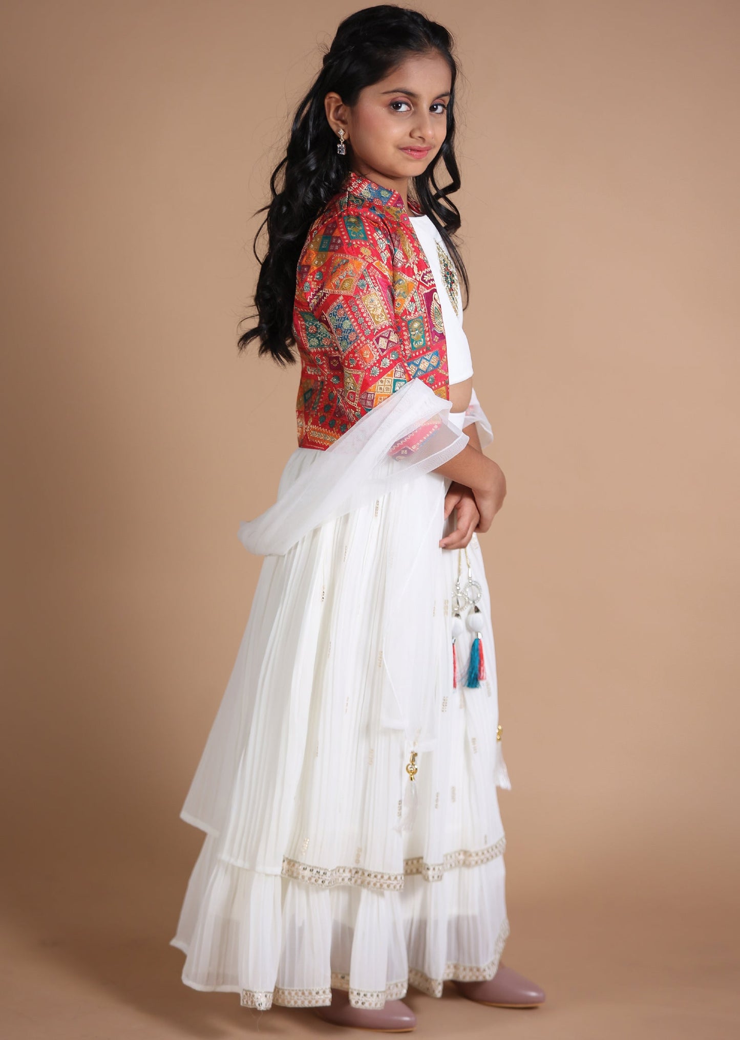 Off White & Multi Georgette Kids lehenga