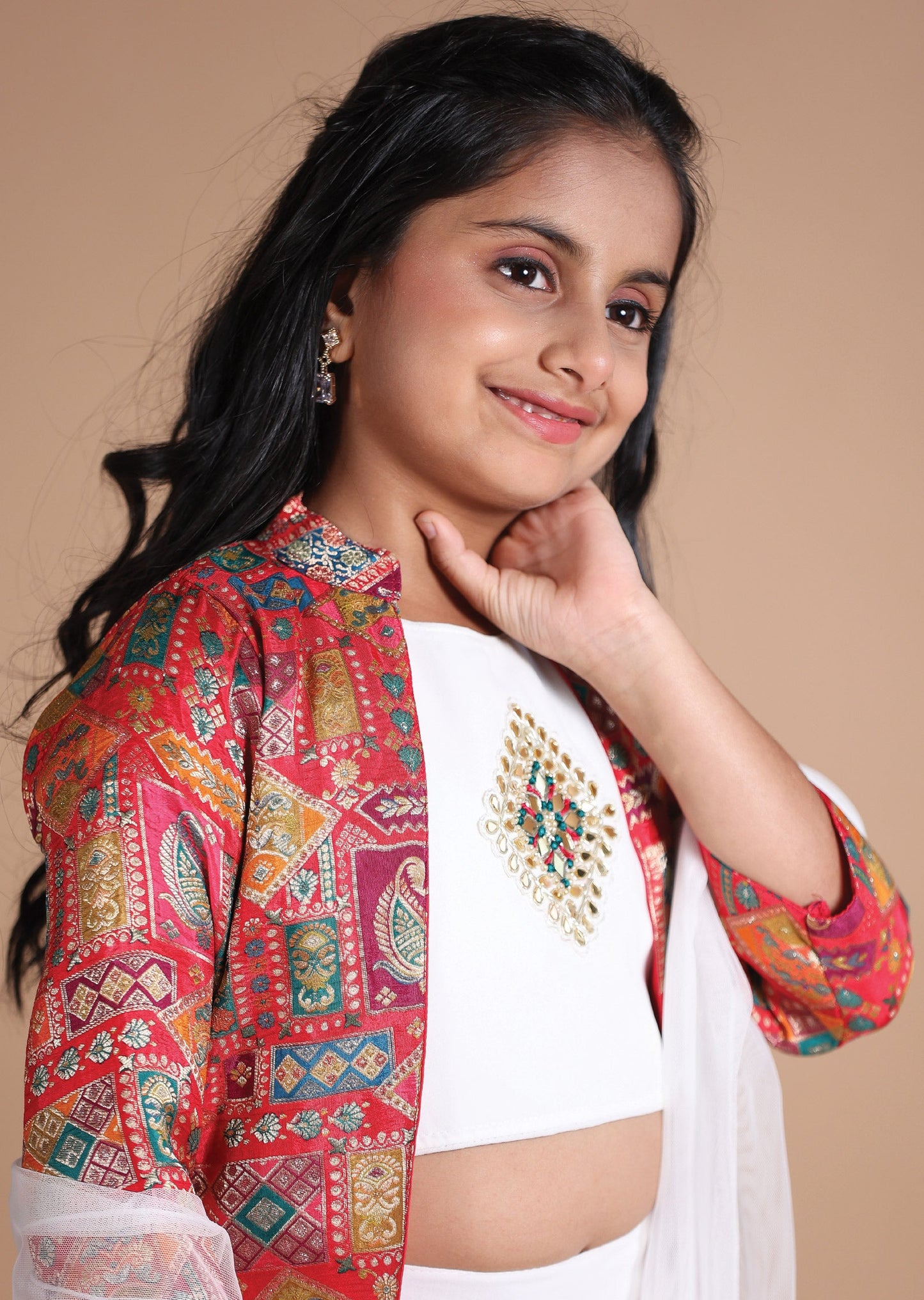 Off White & Multi Georgette Kids lehenga