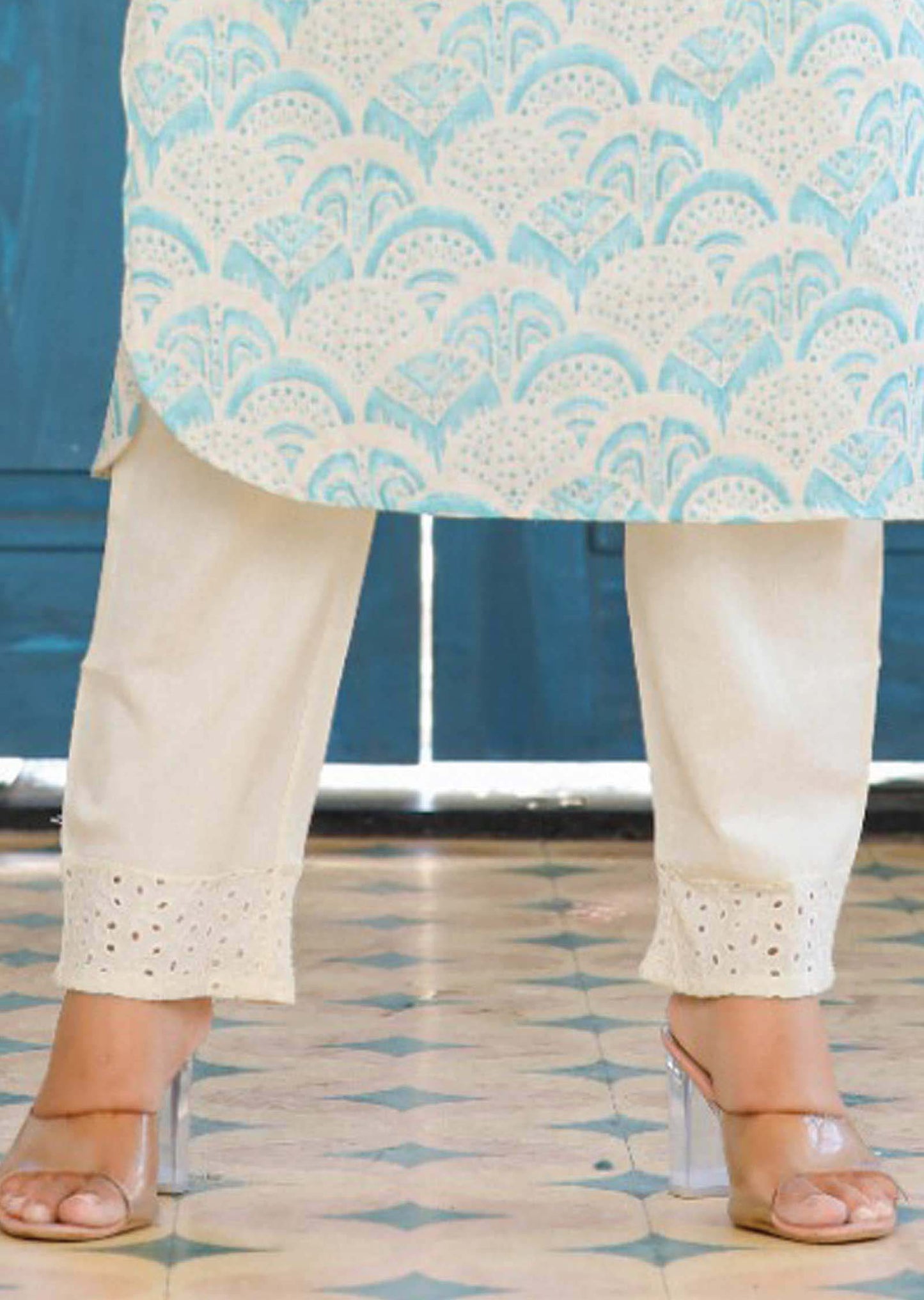 Beige/Sea Green Linen Cotton Sequins Kurti Sets