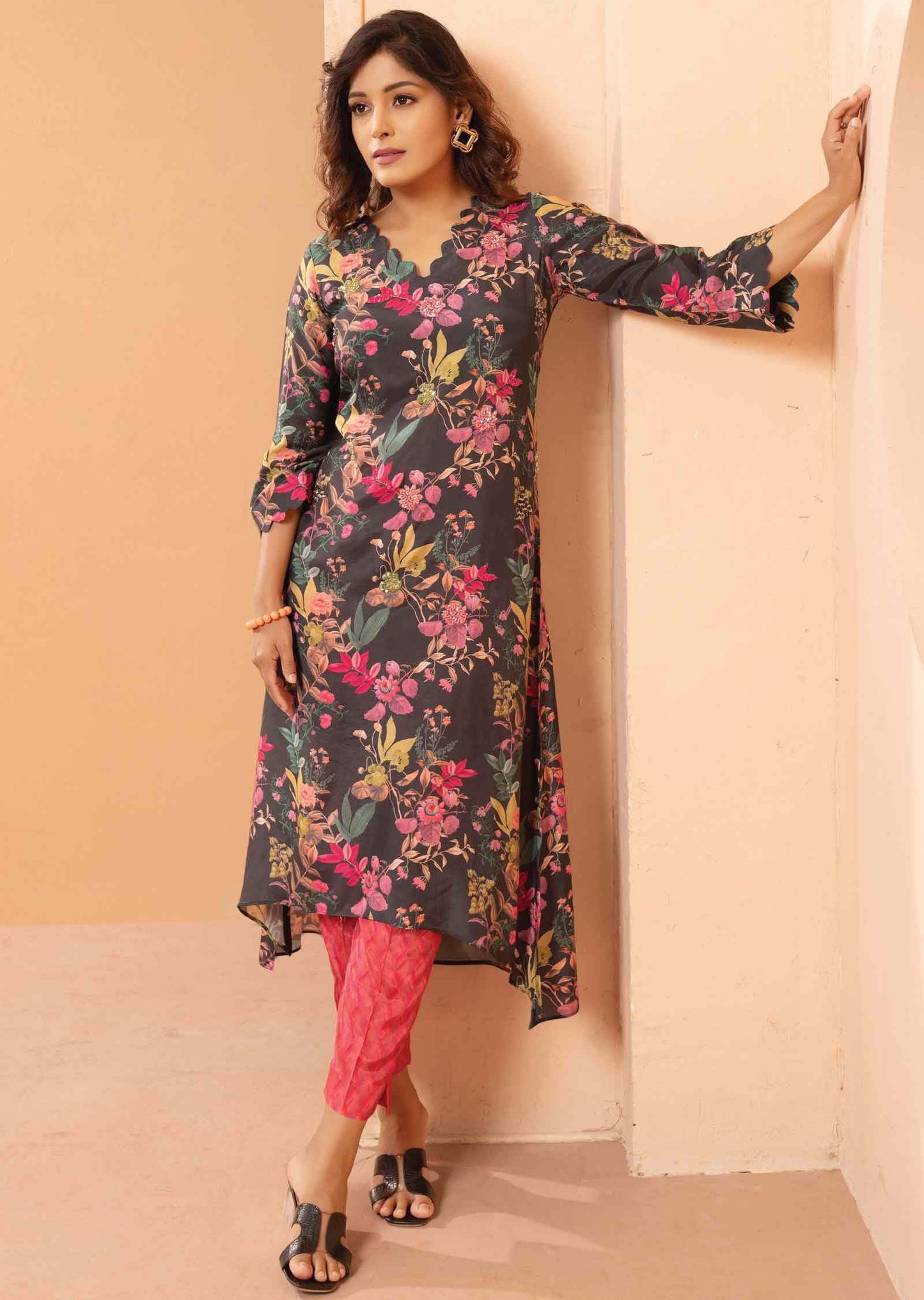 Grey & Pink Muslin Embroidered Kurti Sets
