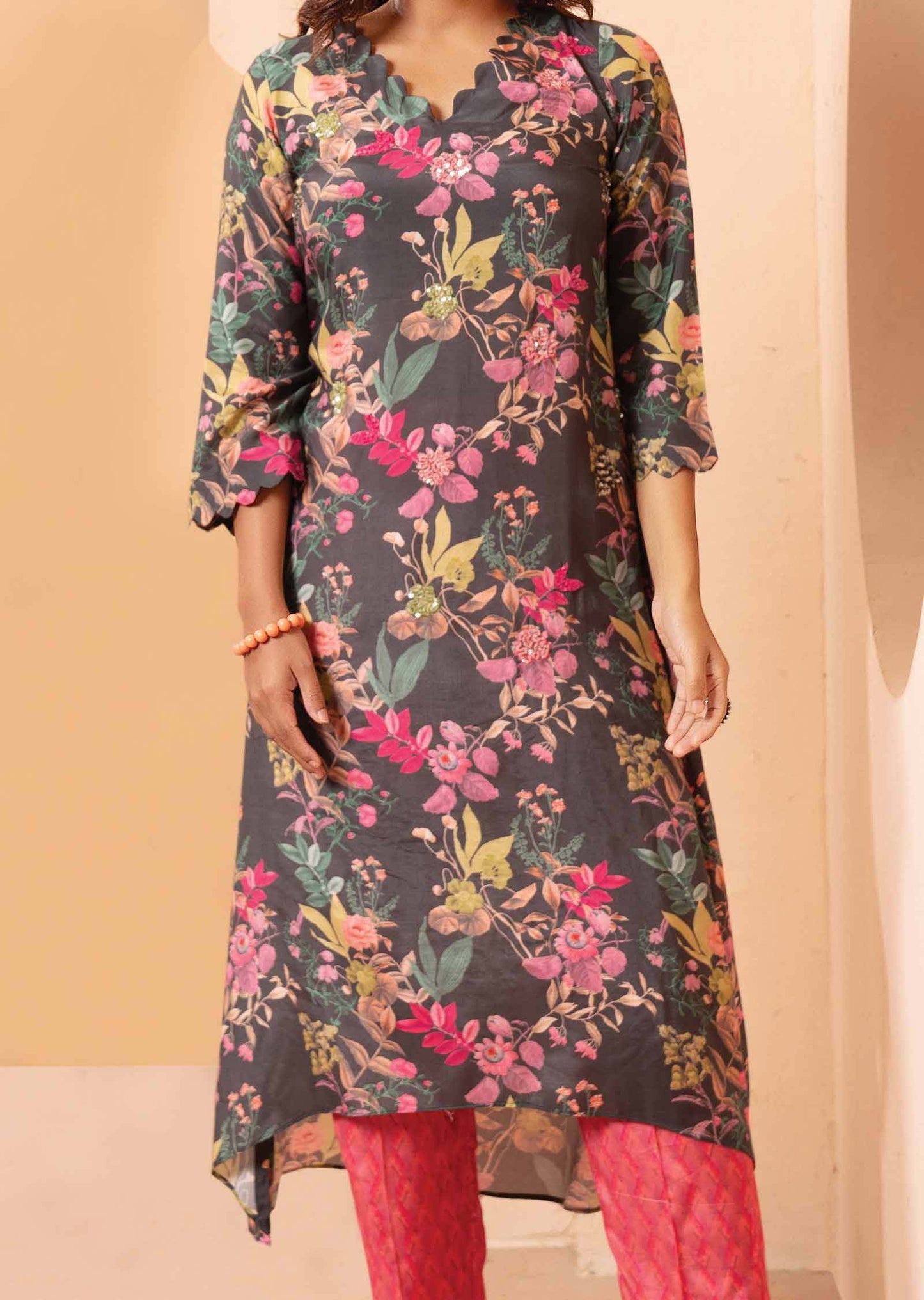 Grey & Pink Muslin Embroidered Kurti Sets