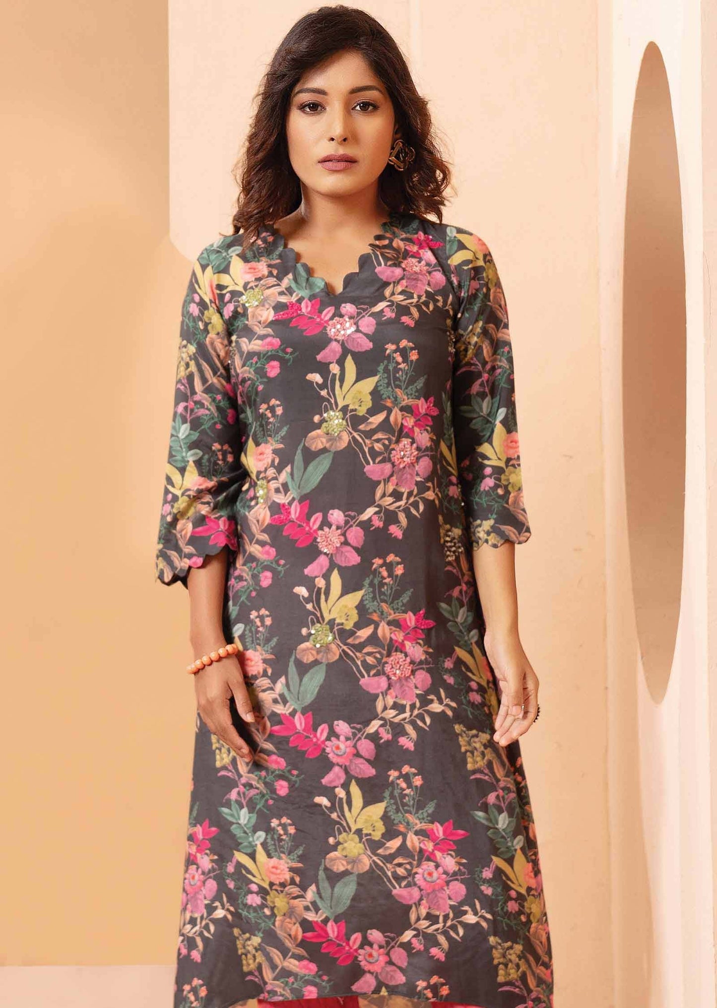 Grey & Pink Muslin Embroidered Kurti Sets