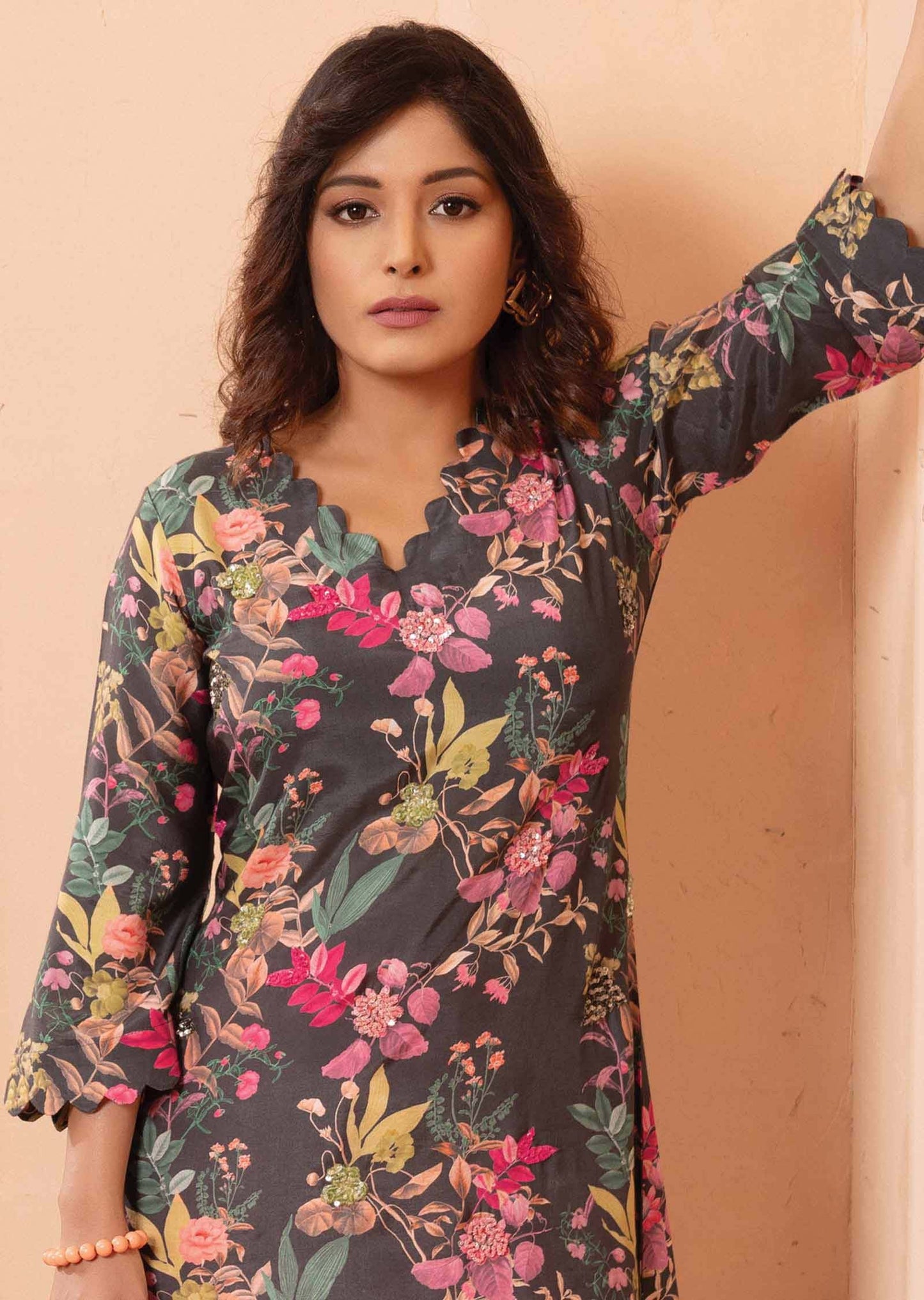Grey & Pink Muslin Embroidered Kurti Sets
