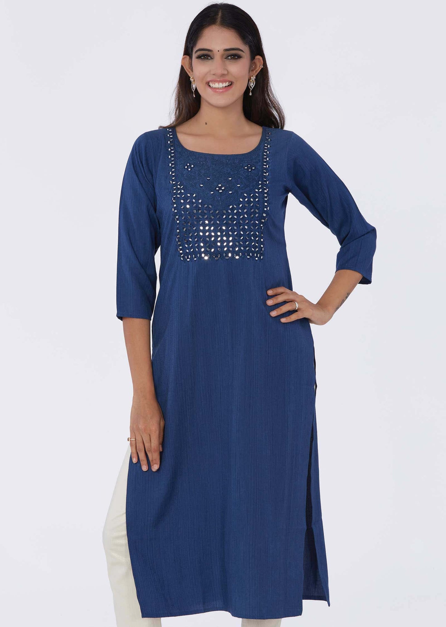 Blue Reyon Mirror work Straight Cut Kurti