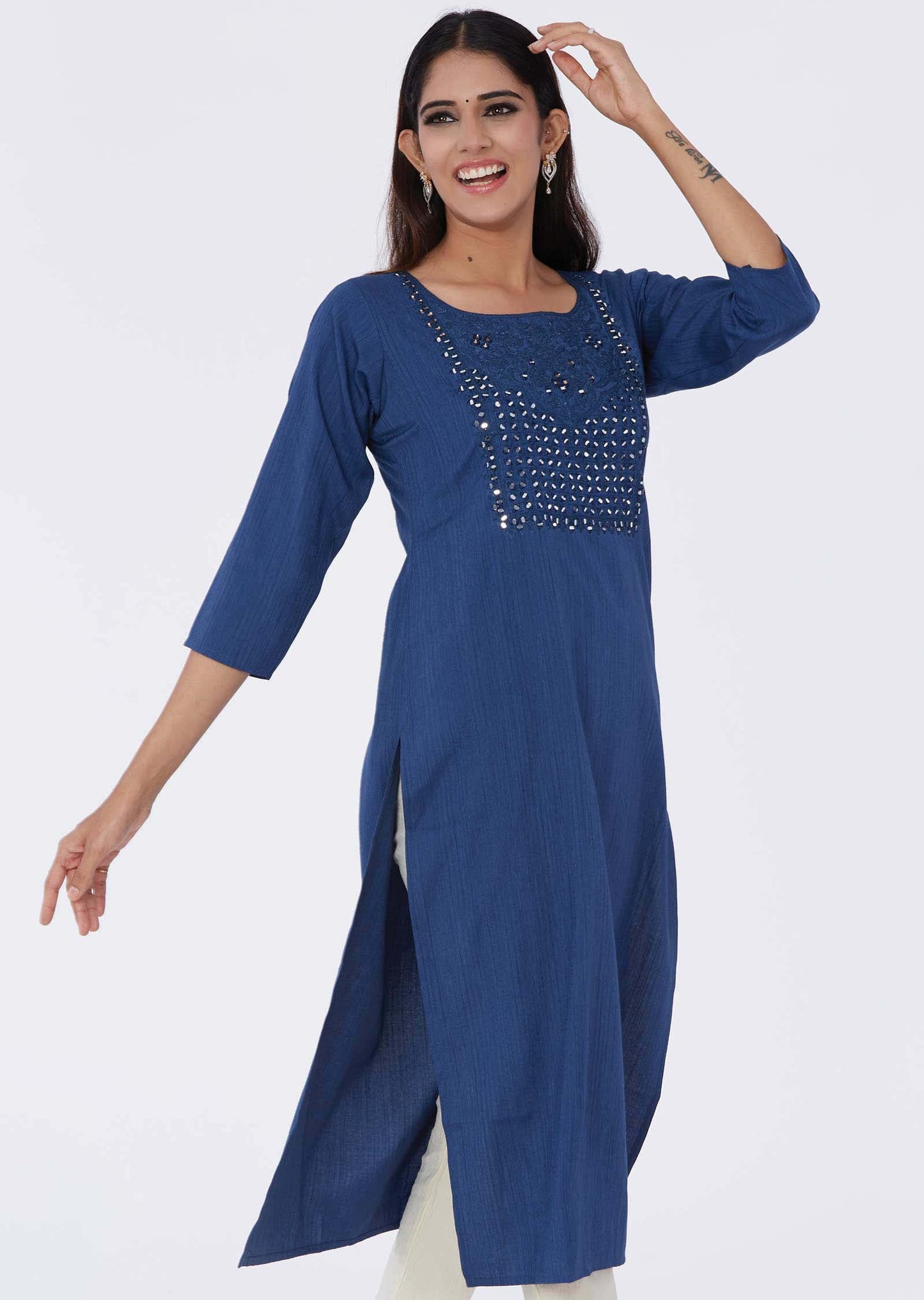 Blue Reyon Mirror work Straight Cut Kurti
