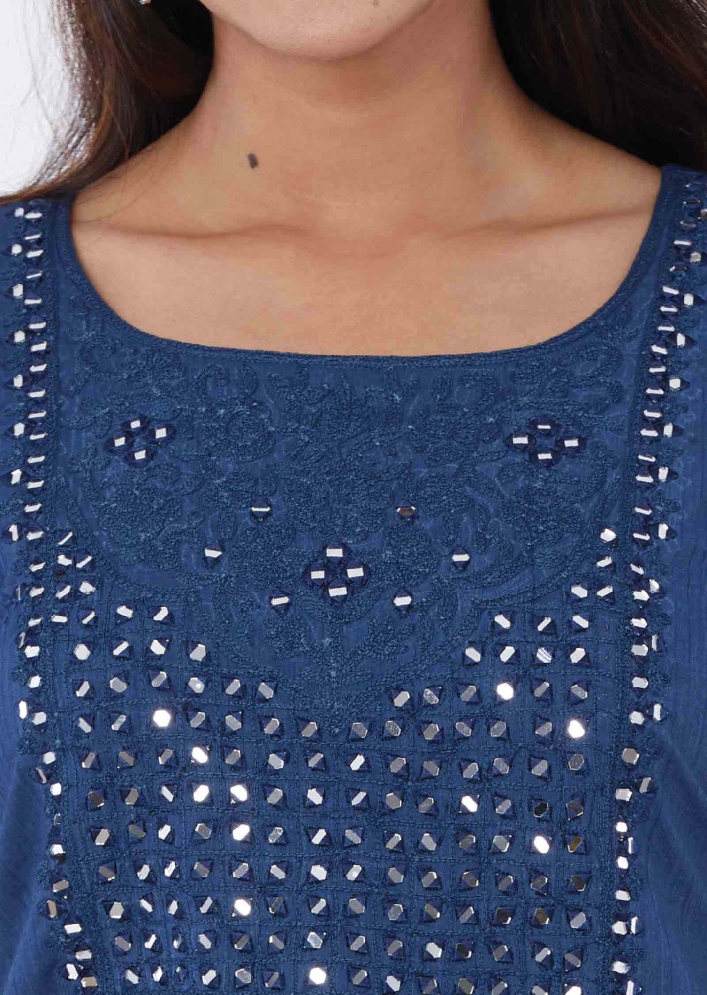 Blue Reyon Mirror work Straight Cut Kurti