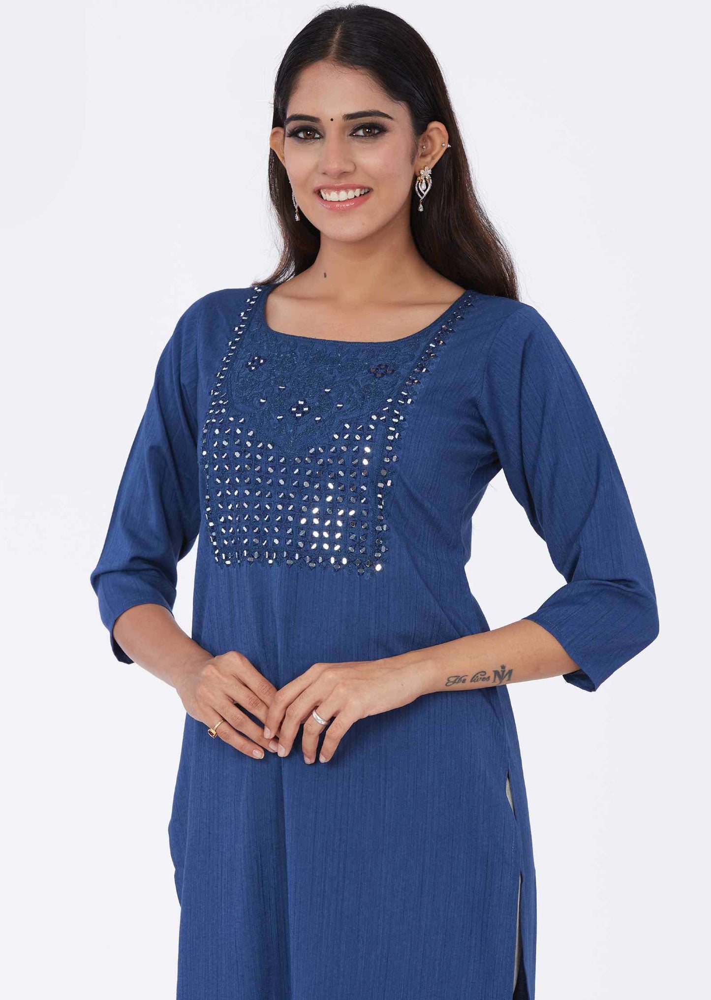 Blue Reyon Mirror work Straight Cut Kurti