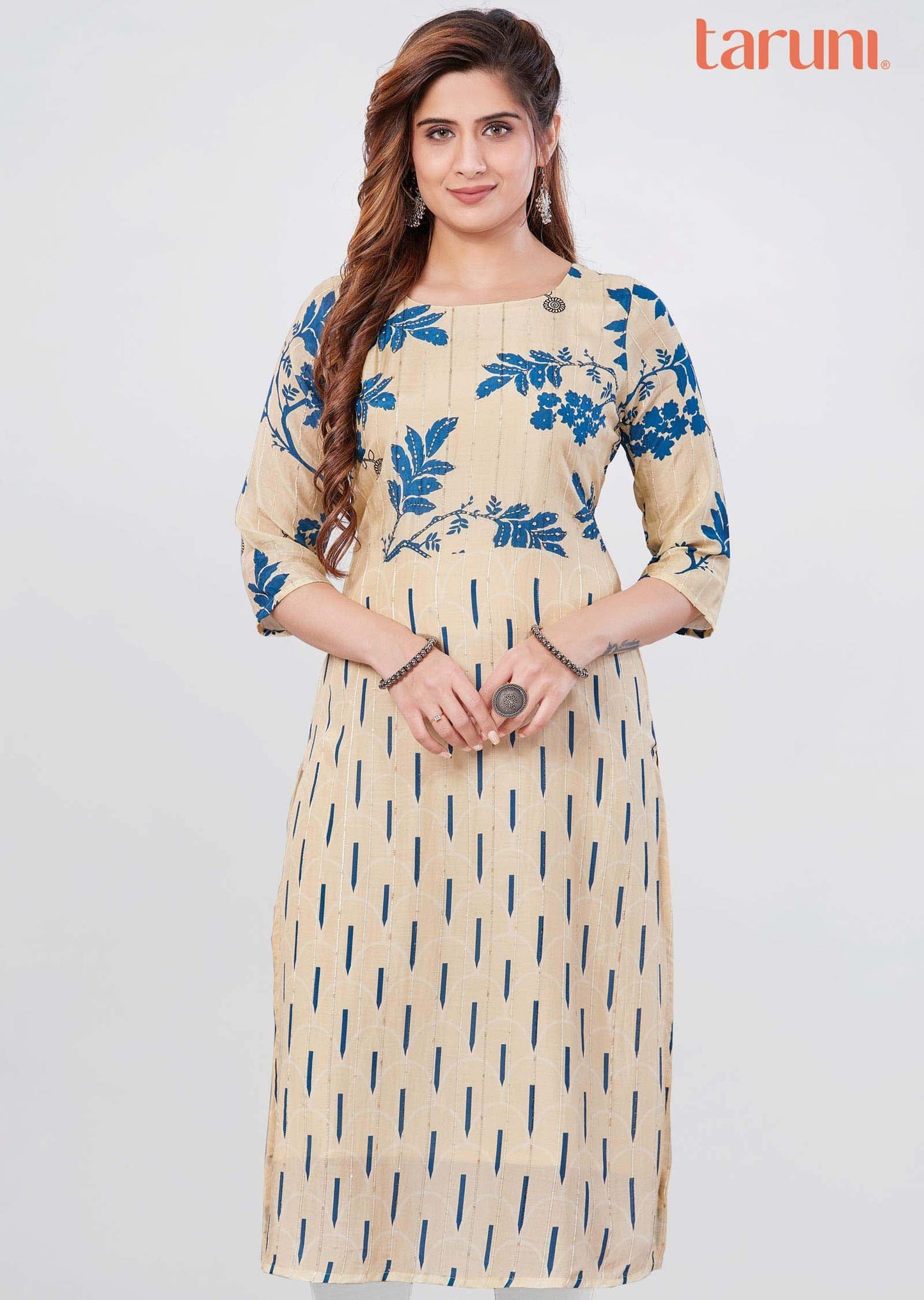 Beige Modal Sequins Straight Cut Kurti
