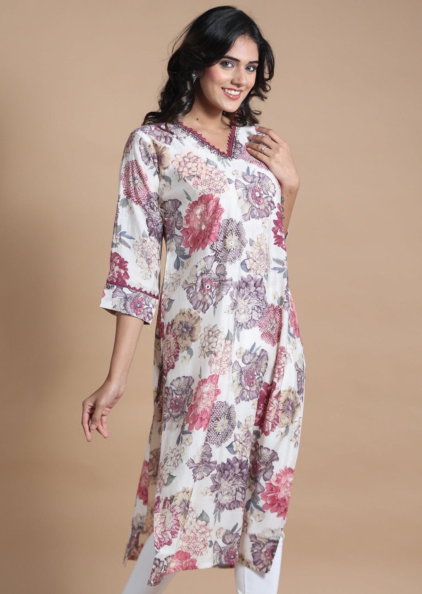 Beige Muslin Kurti Straight Cut