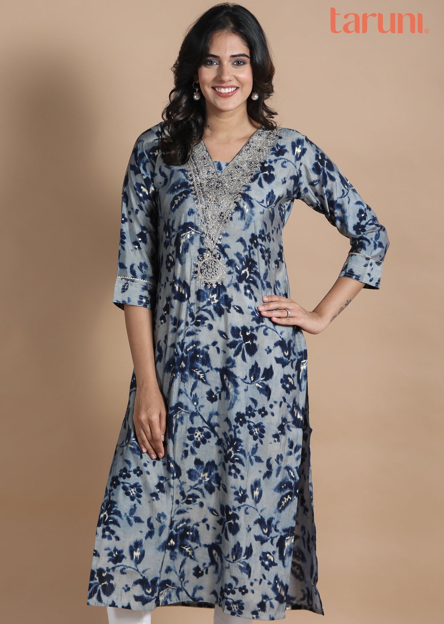 Grey & Blue Modal Kurti Straight Cut