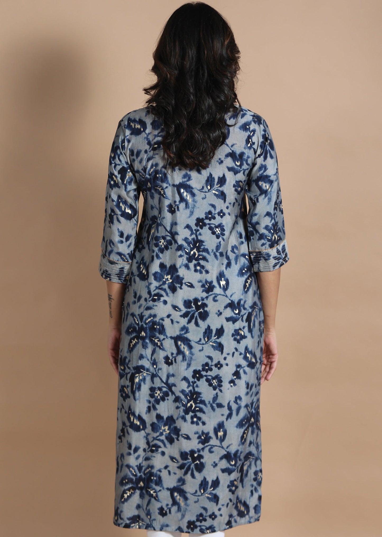 Grey & Blue Modal Kurti Straight Cut