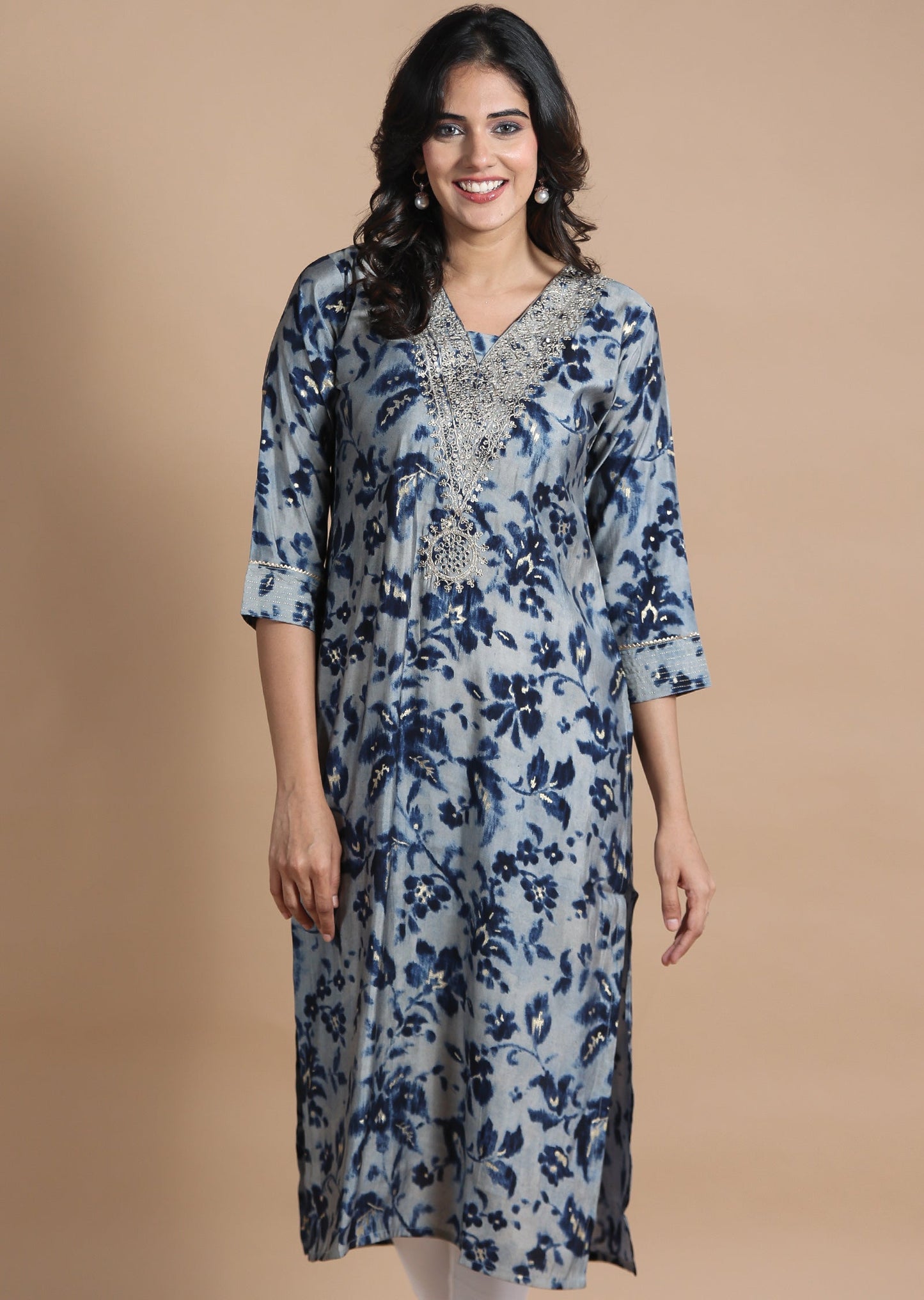 Grey & Blue Modal Kurti Straight Cut