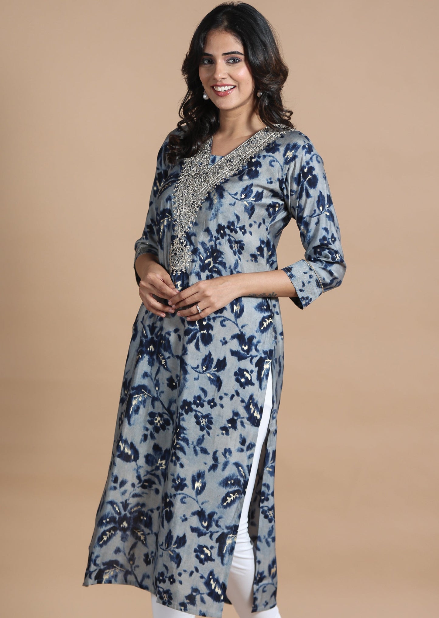 Grey & Blue Modal Kurti Straight Cut