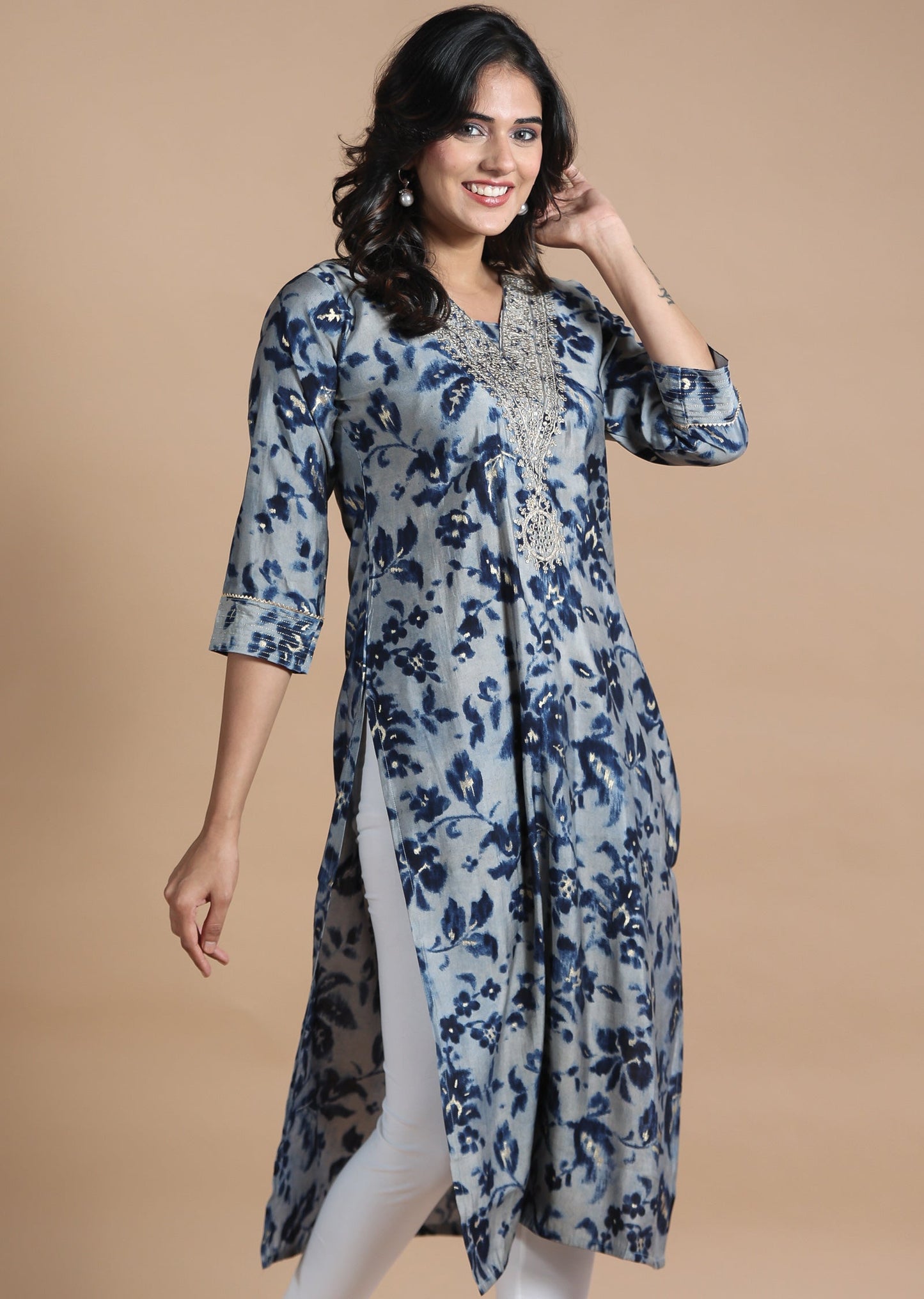 Grey & Blue Modal Kurti Straight Cut