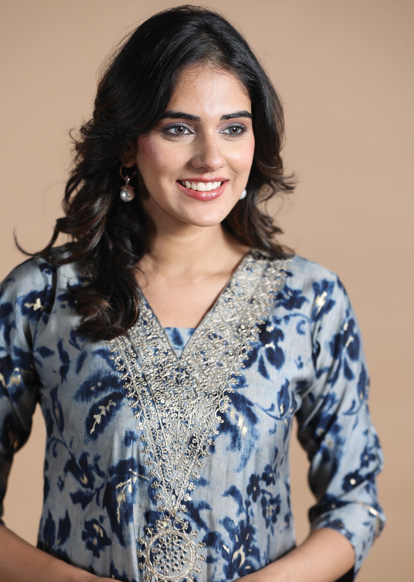 Grey & Blue Modal Kurti Straight Cut