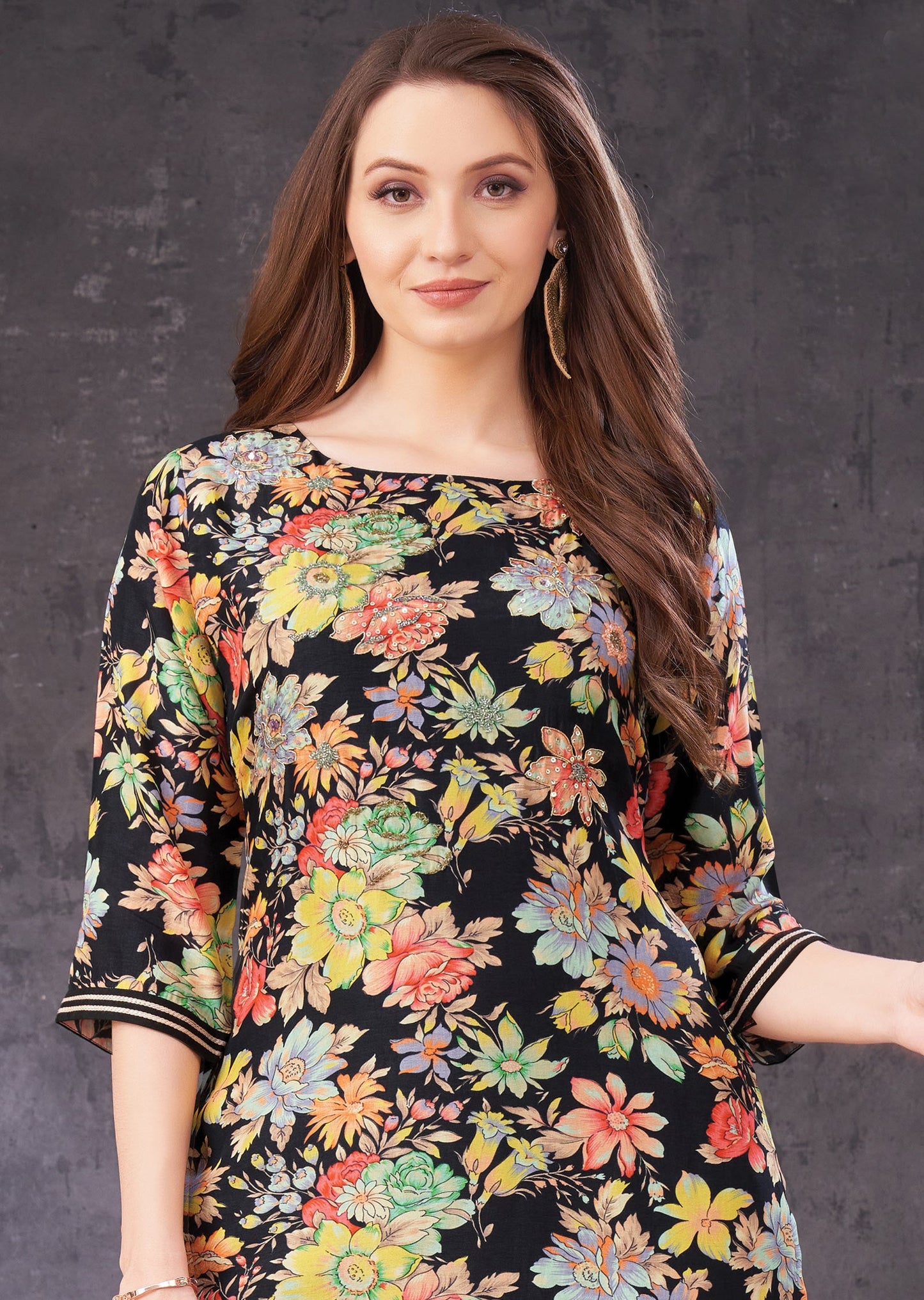 Black Digital Printed Silk Straight Cut Kurti