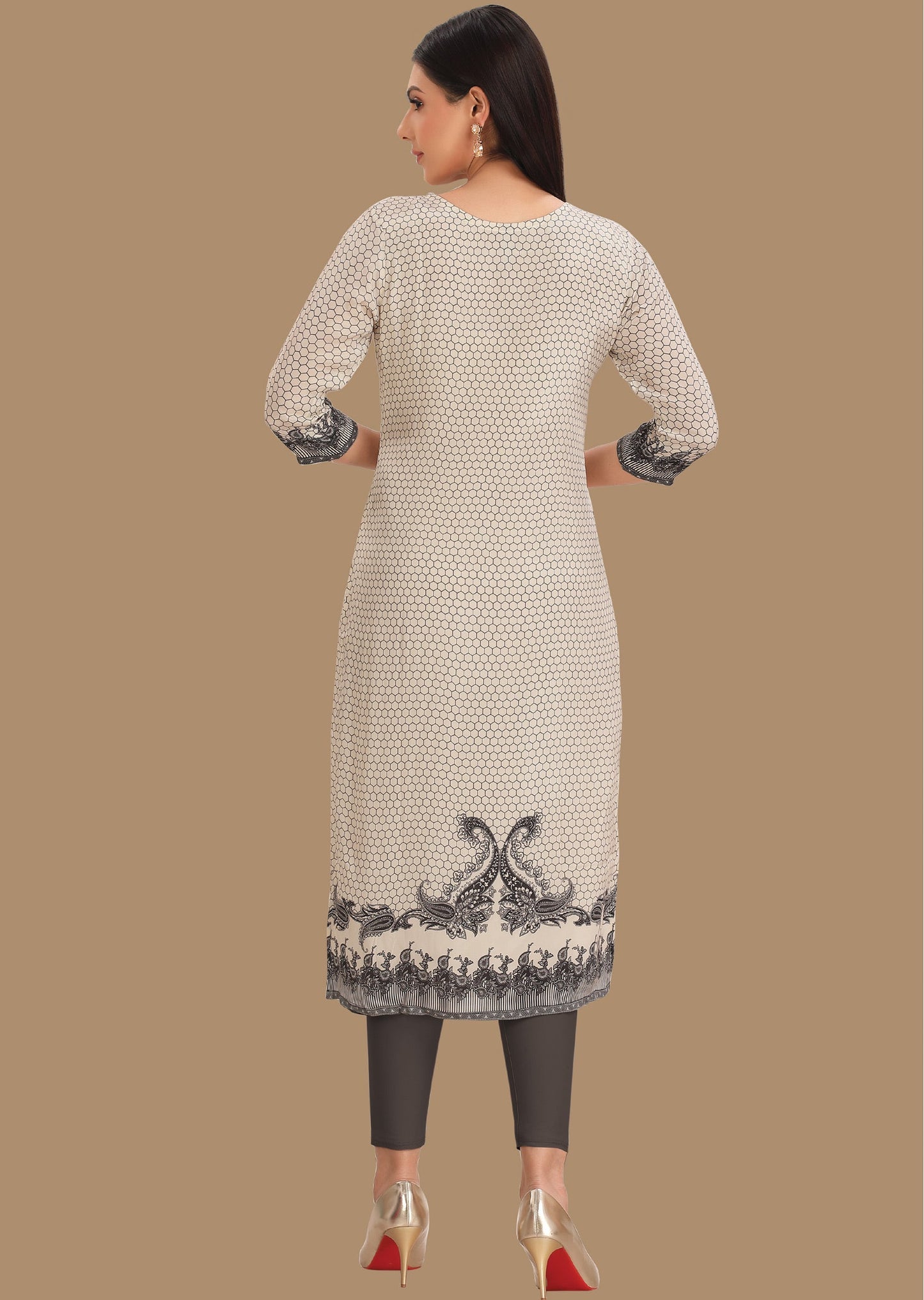 Cream & Black Crepe Straight Cut Kurti