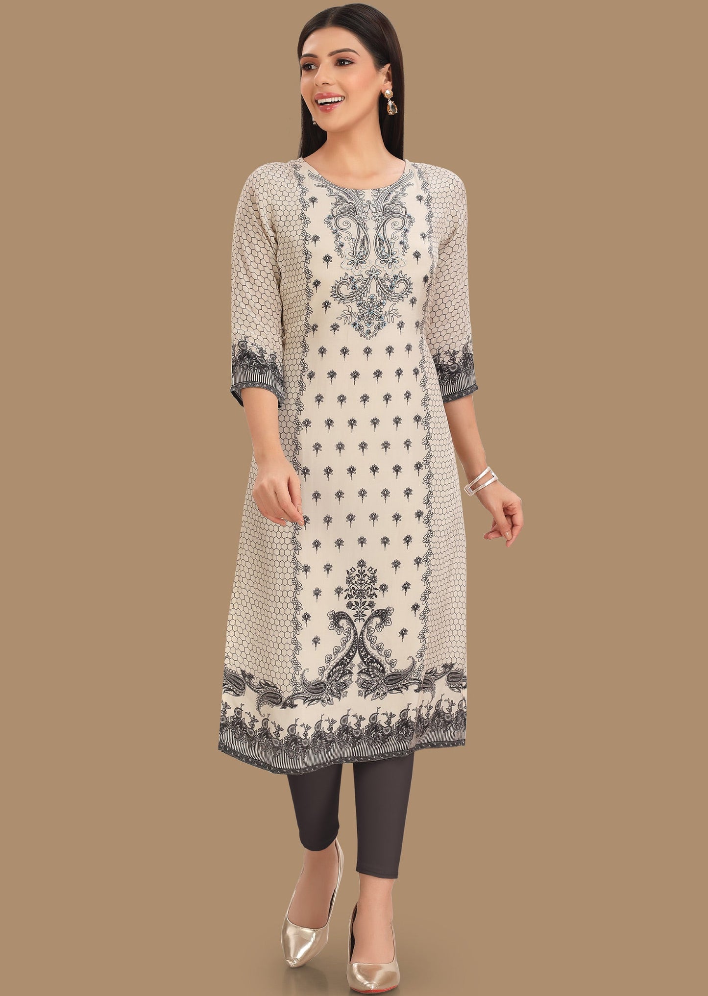 Cream & Black Crepe Straight Cut Kurti