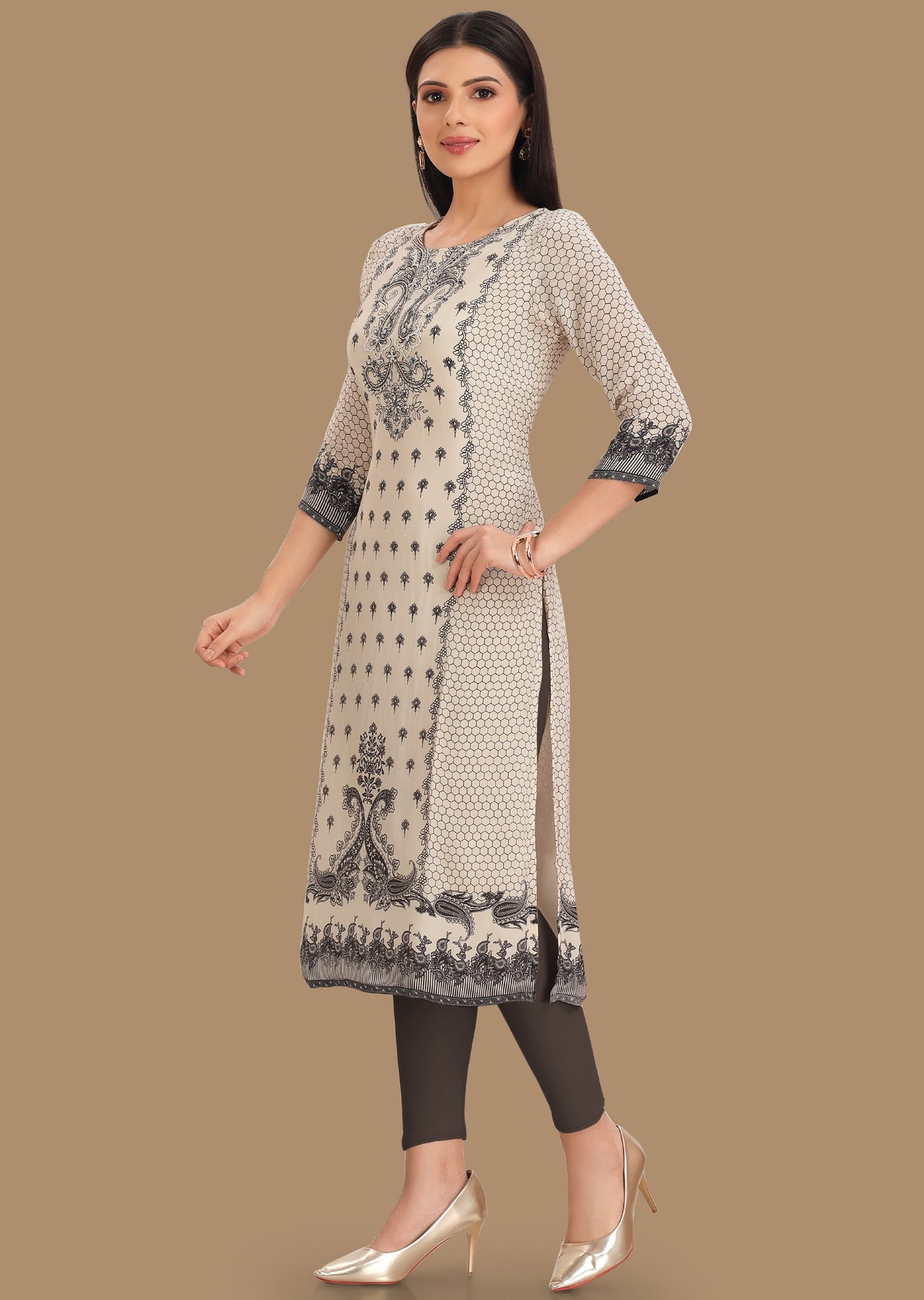 Cream & Black Crepe Straight Cut Kurti