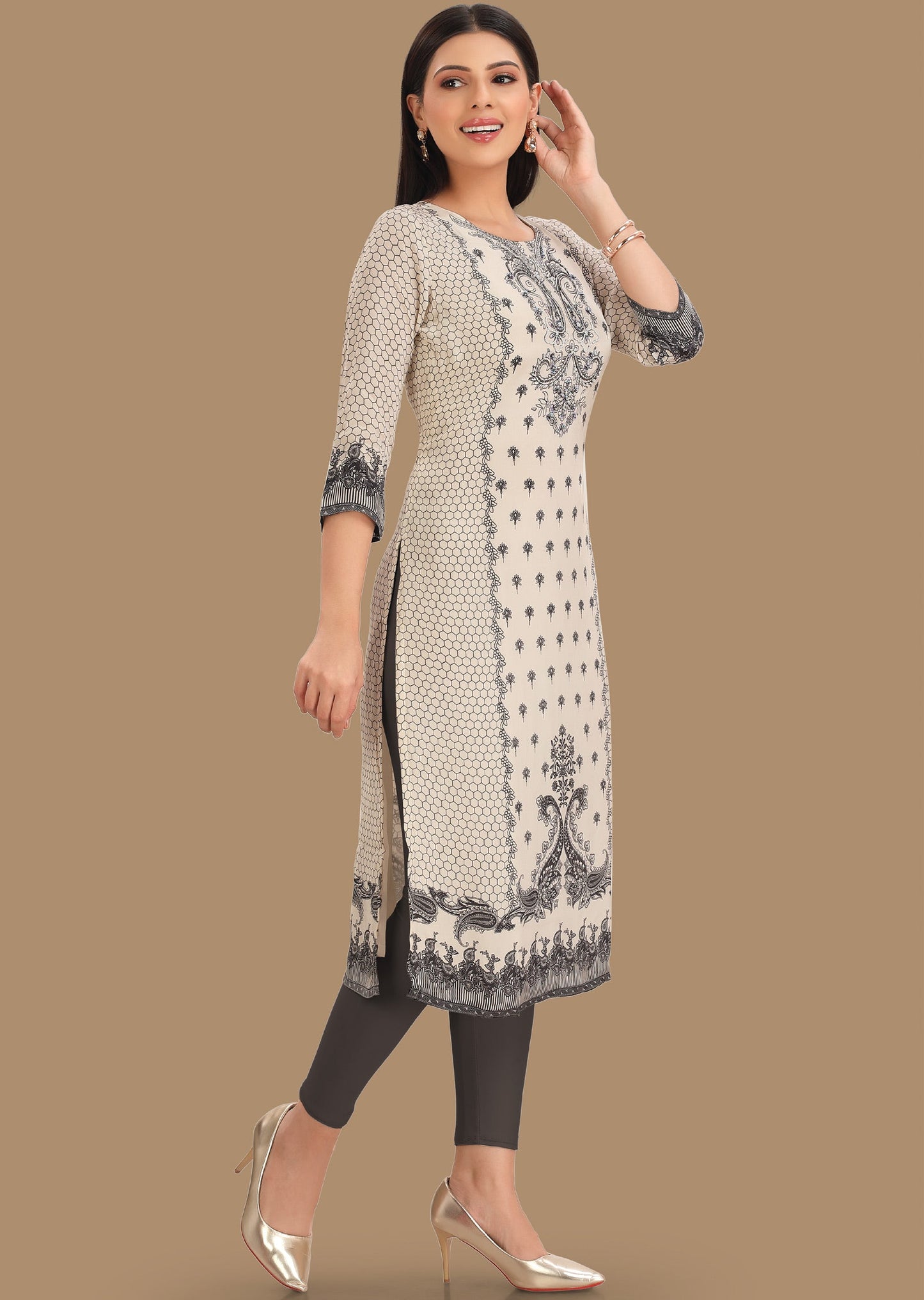 Cream & Black Crepe Straight Cut Kurti