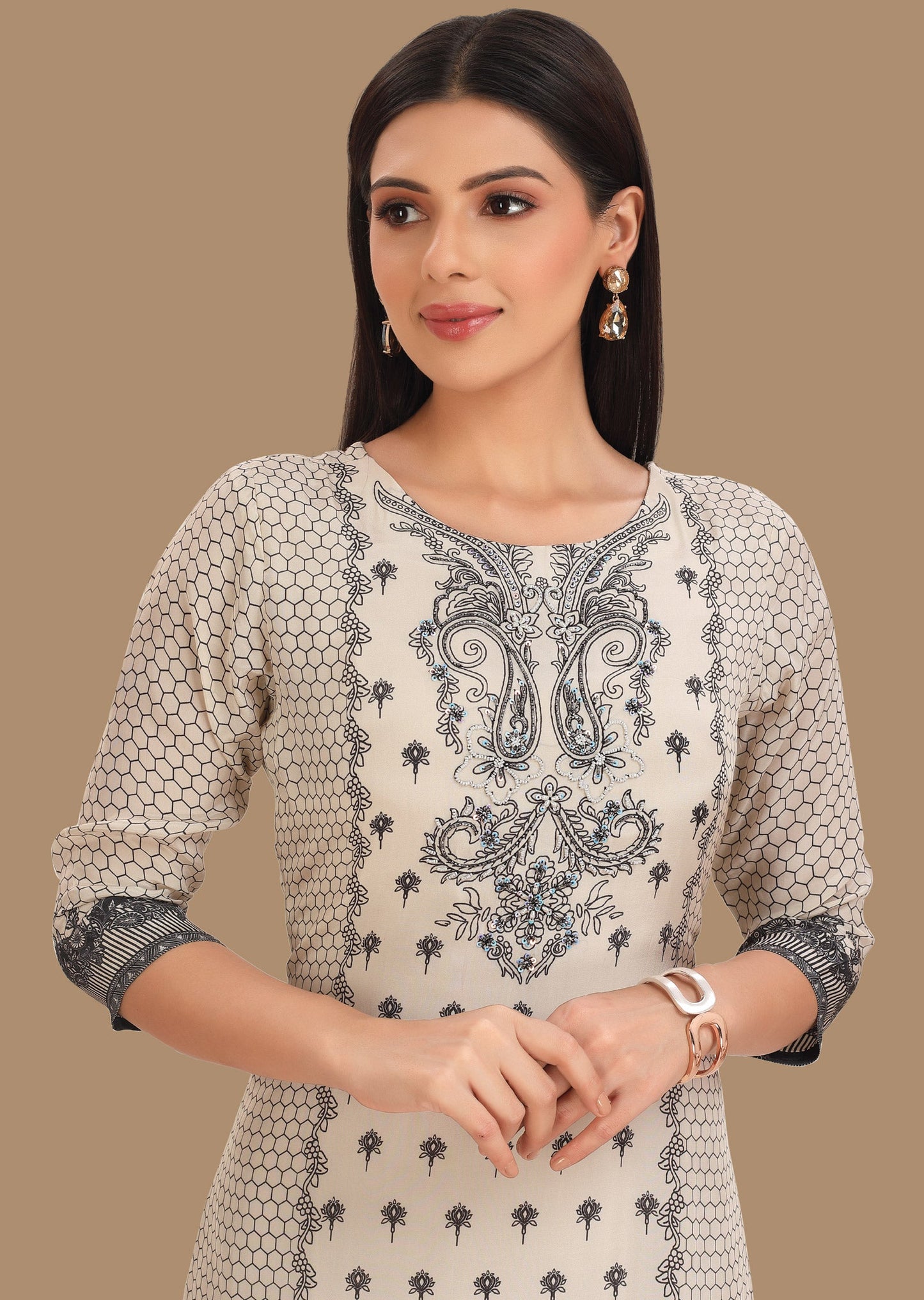 Cream & Black Crepe Straight Cut Kurti