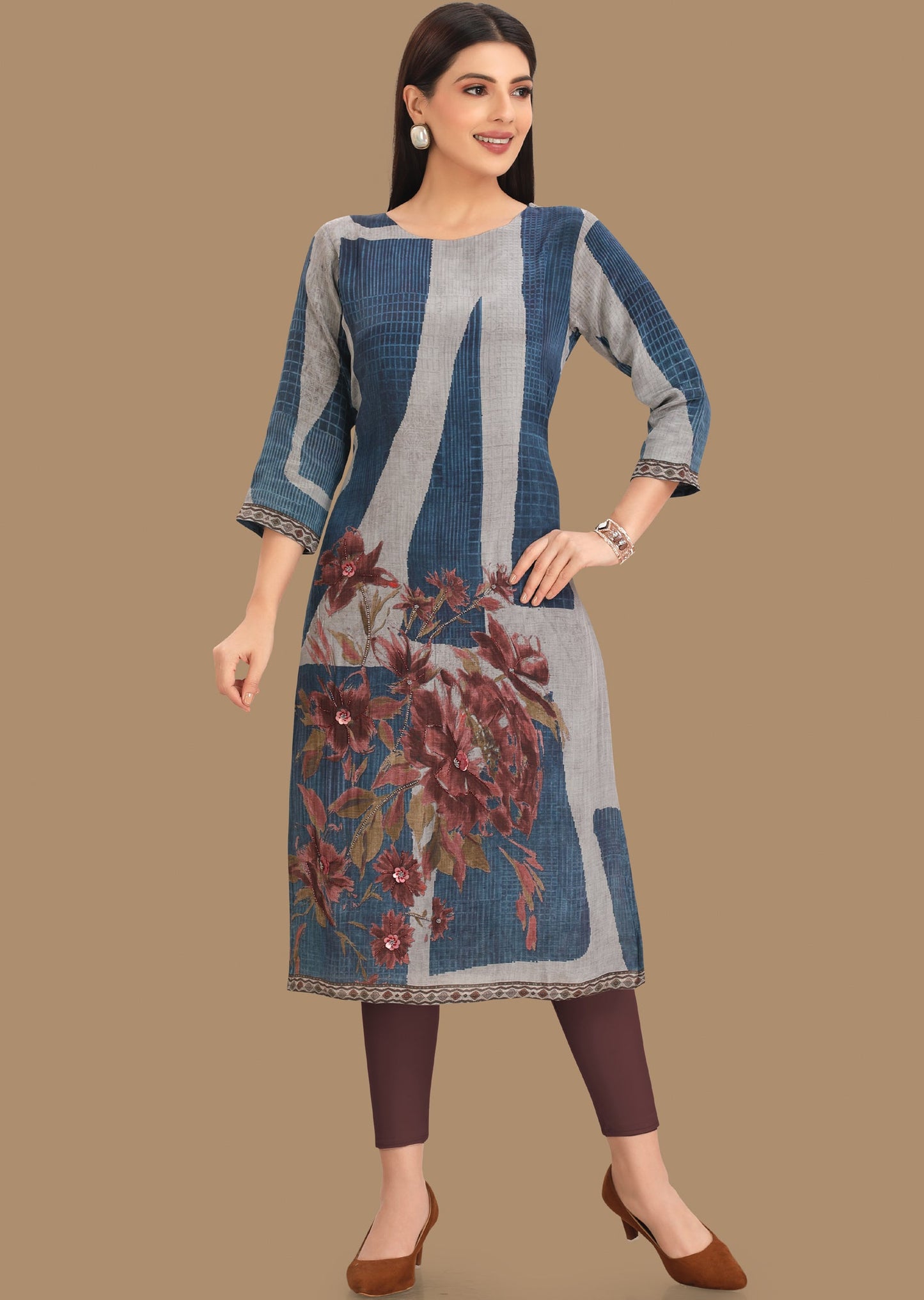 Blue & Grey Crepe Kurti Straight Cut