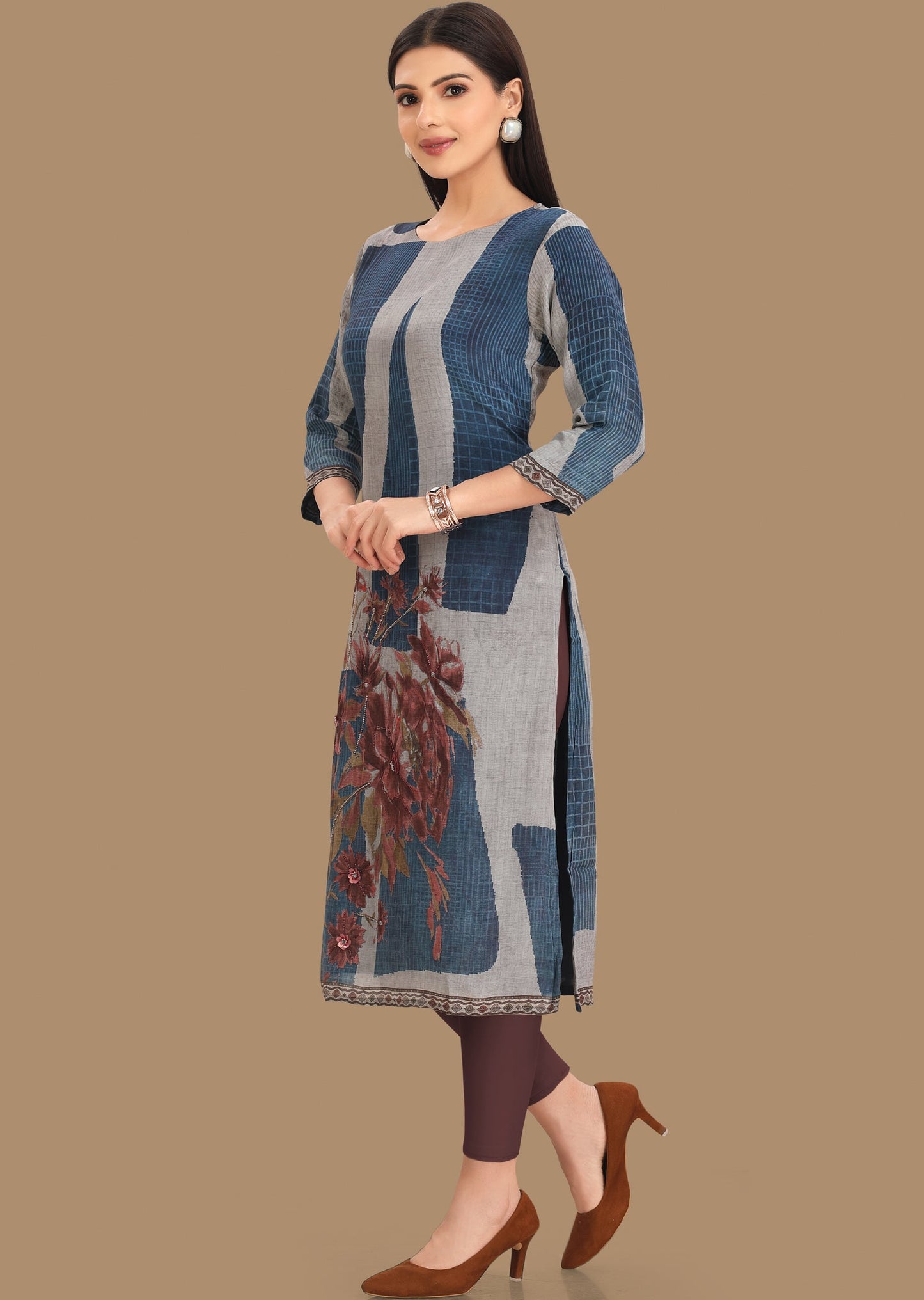 Blue & Grey Crepe Kurti Straight Cut